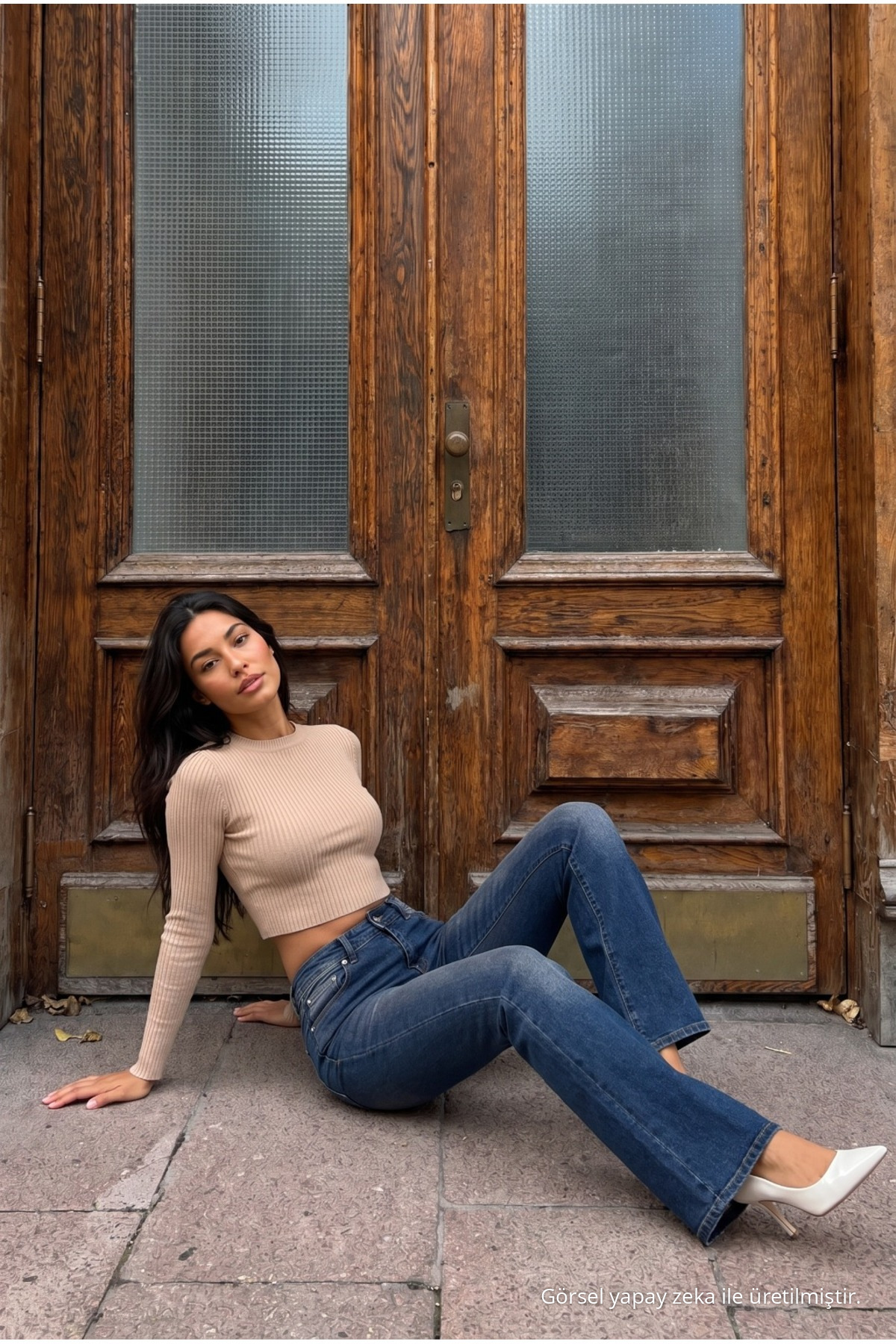 Yüksek Bel Esnek/Likralı Çan Paça Jeans Koyu Lacivert 5