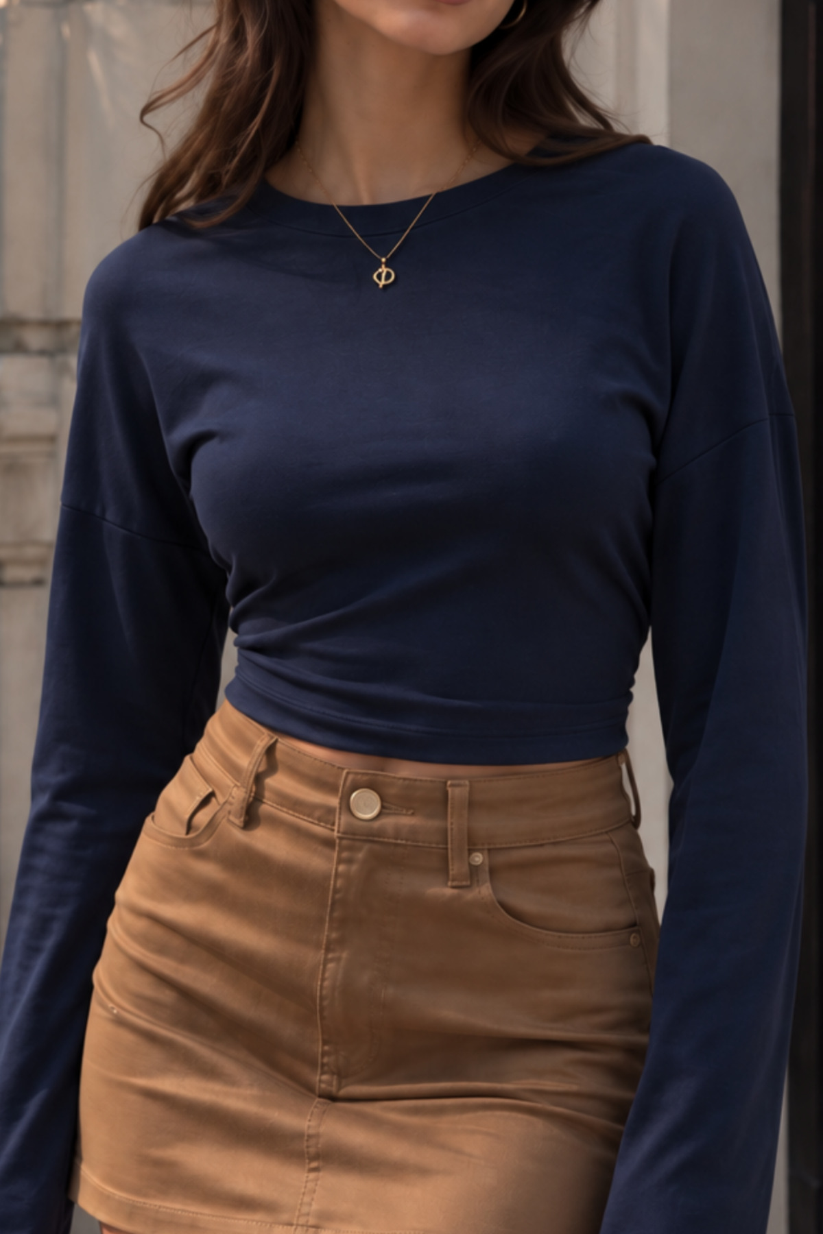 Lacivert Slim Fit Uzun Kollu Crop Bluz 5