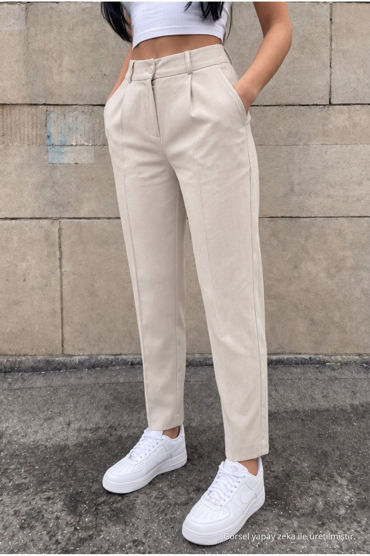 Yüksek Bel Havuç Model Beli Lastikli Dar Paça Pantolon BEJ 5