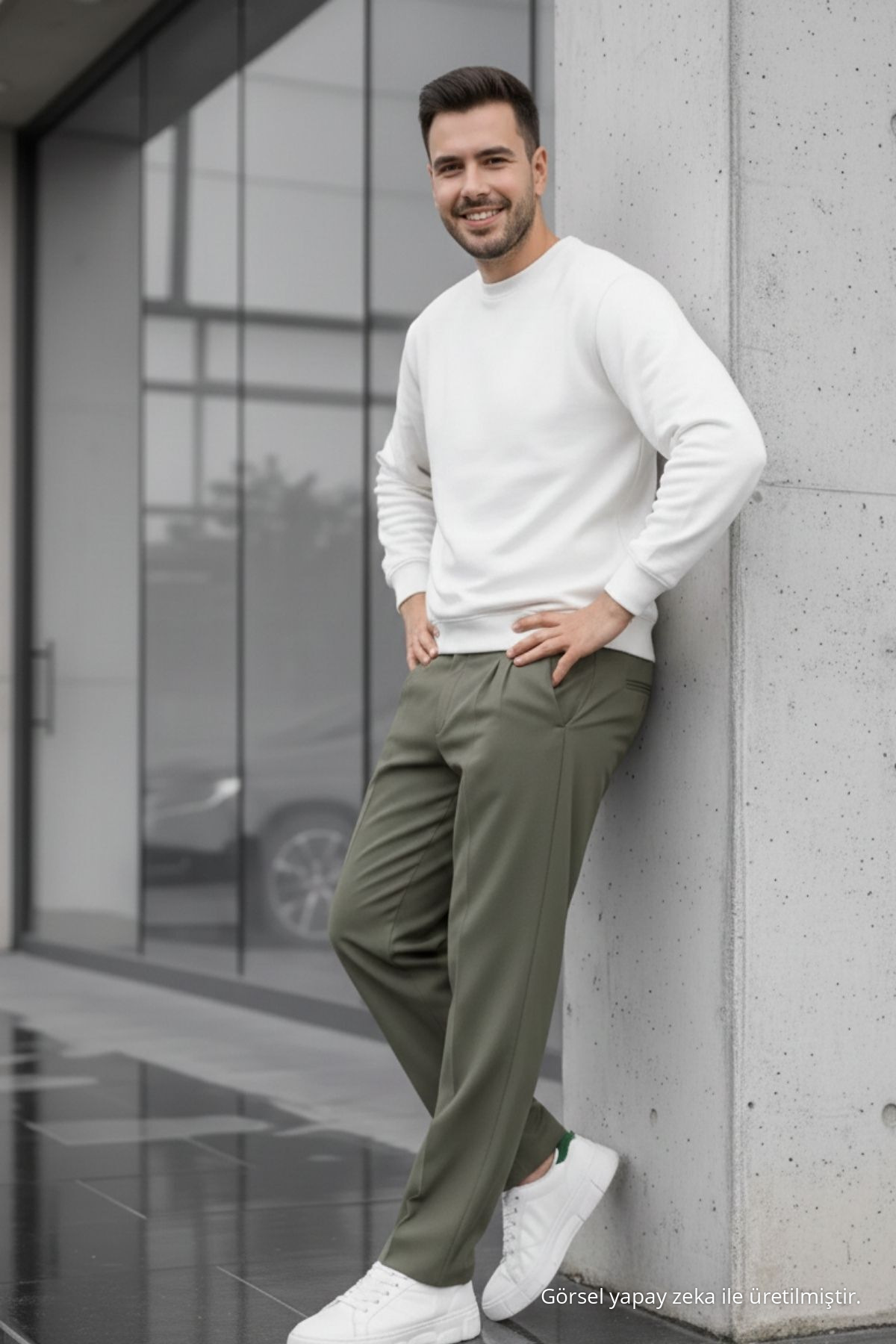 Erkek Çift Pileli Salaş Haki Baggy Pantolon 4