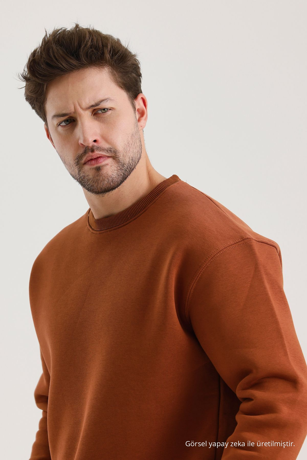 Tarçın Bisiklet Yaka Oversize Şardonlu Basic Erkek Sweatshirt TARÇIN 6