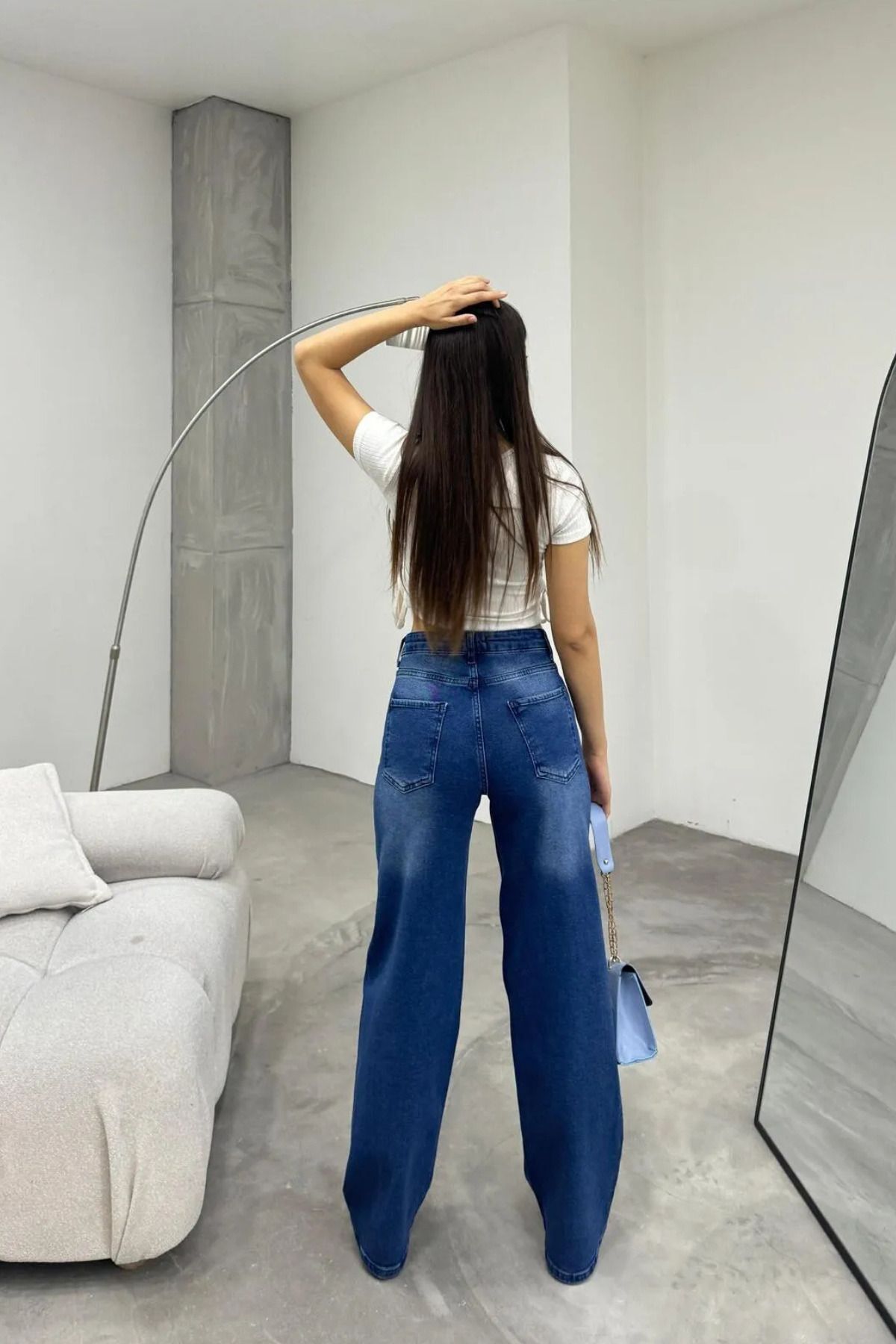 Kadın Yüksek bel Esnek Soluk Efektli Palazzo Jeans Mavi 4