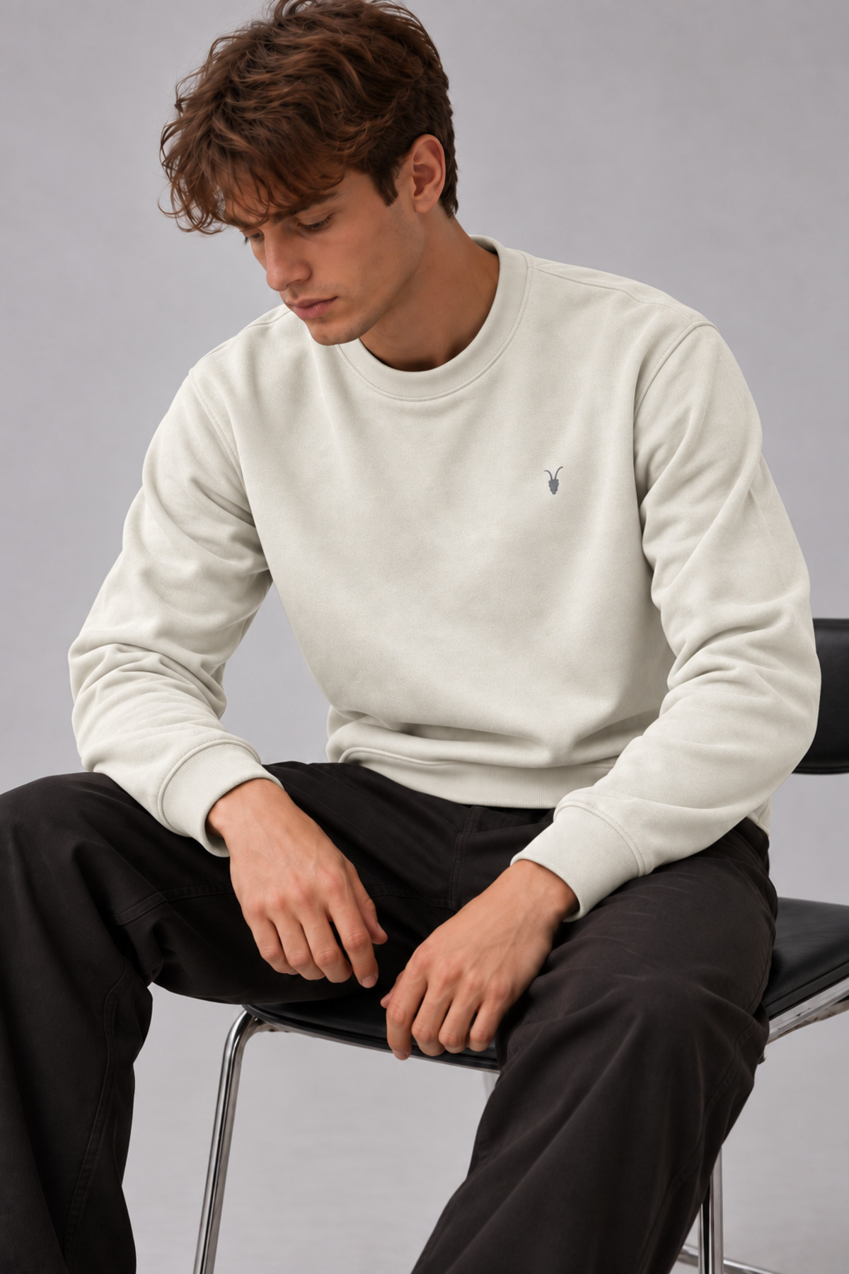 Ekru Renk Basic Bisiklet Yaka Erkek Sweatshirt 5
