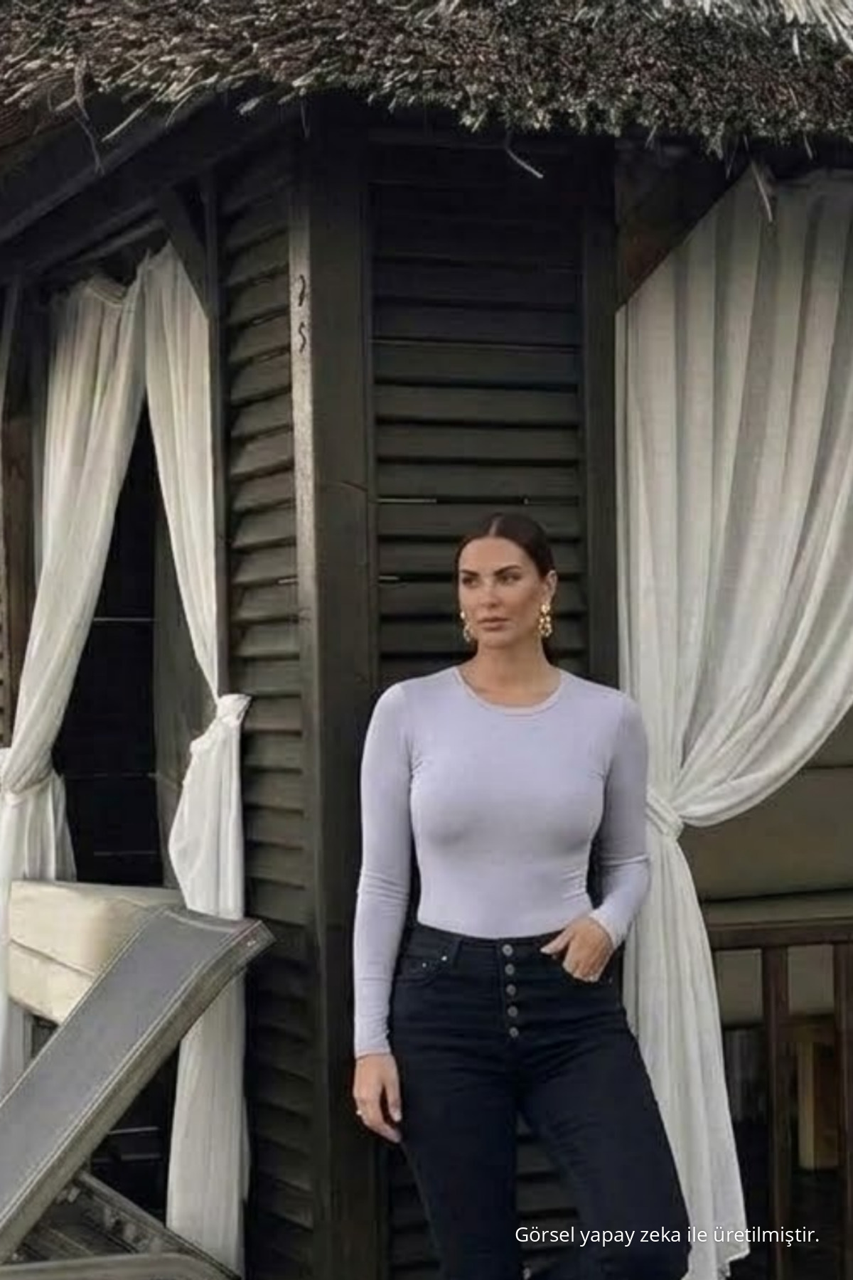Kadın Basic Pamuklu Gri Şık Bluz 3