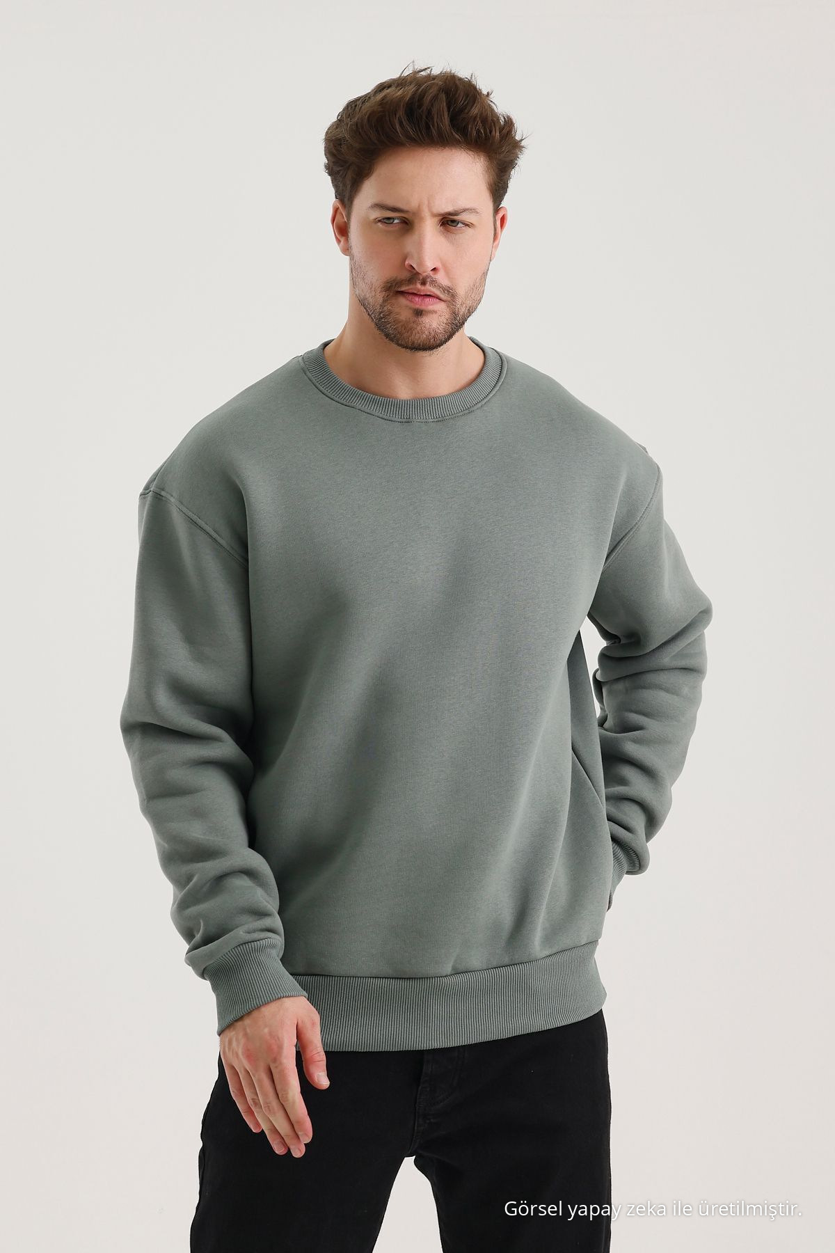 Küf Rengi Bisiklet Yaka Oversize Şardonlu Basic Erkek Sweatshirt KÜF RENGİ 6
