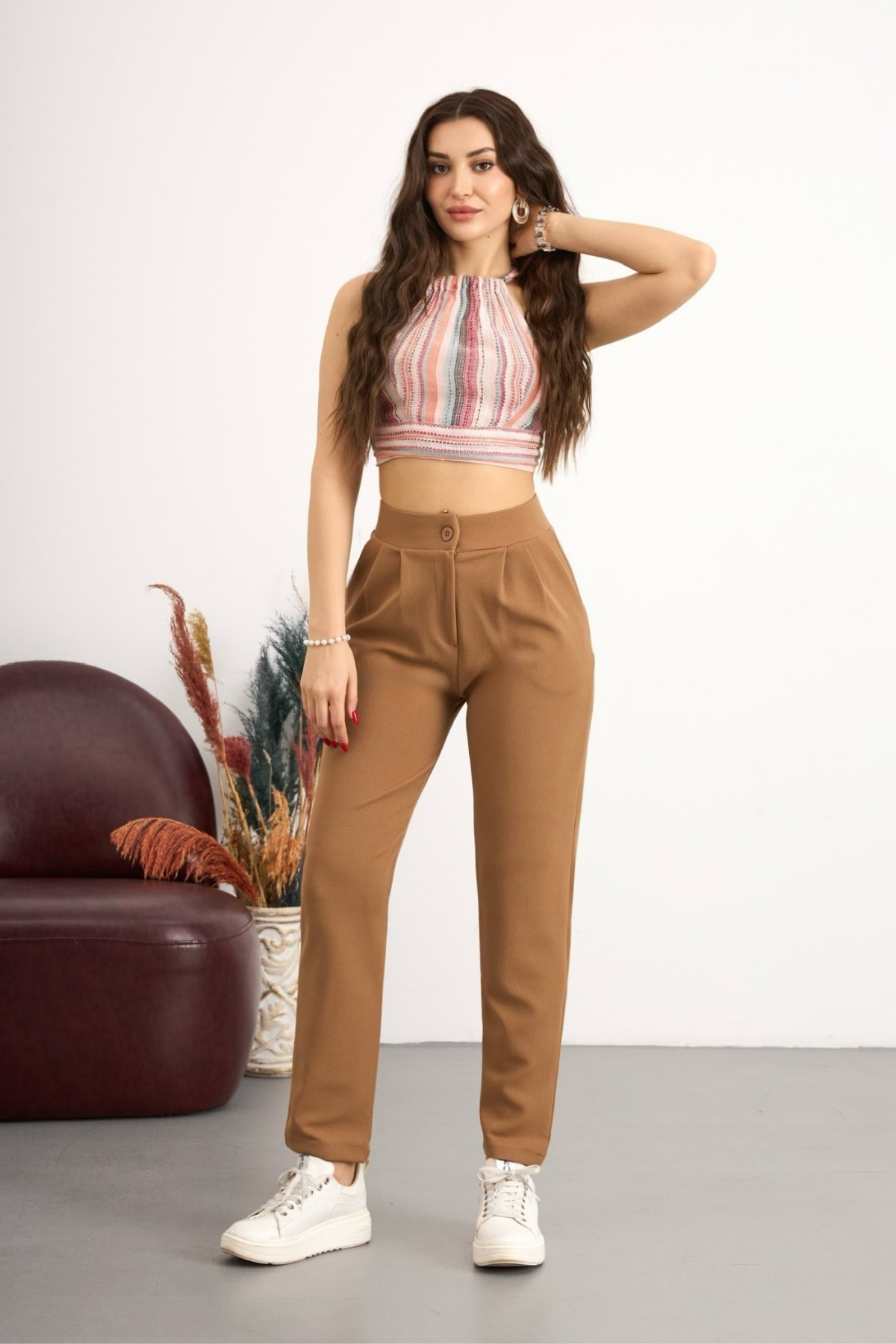 Kadın Yüksek Bel Likralı Dar Paça Pantolon TABA 6
