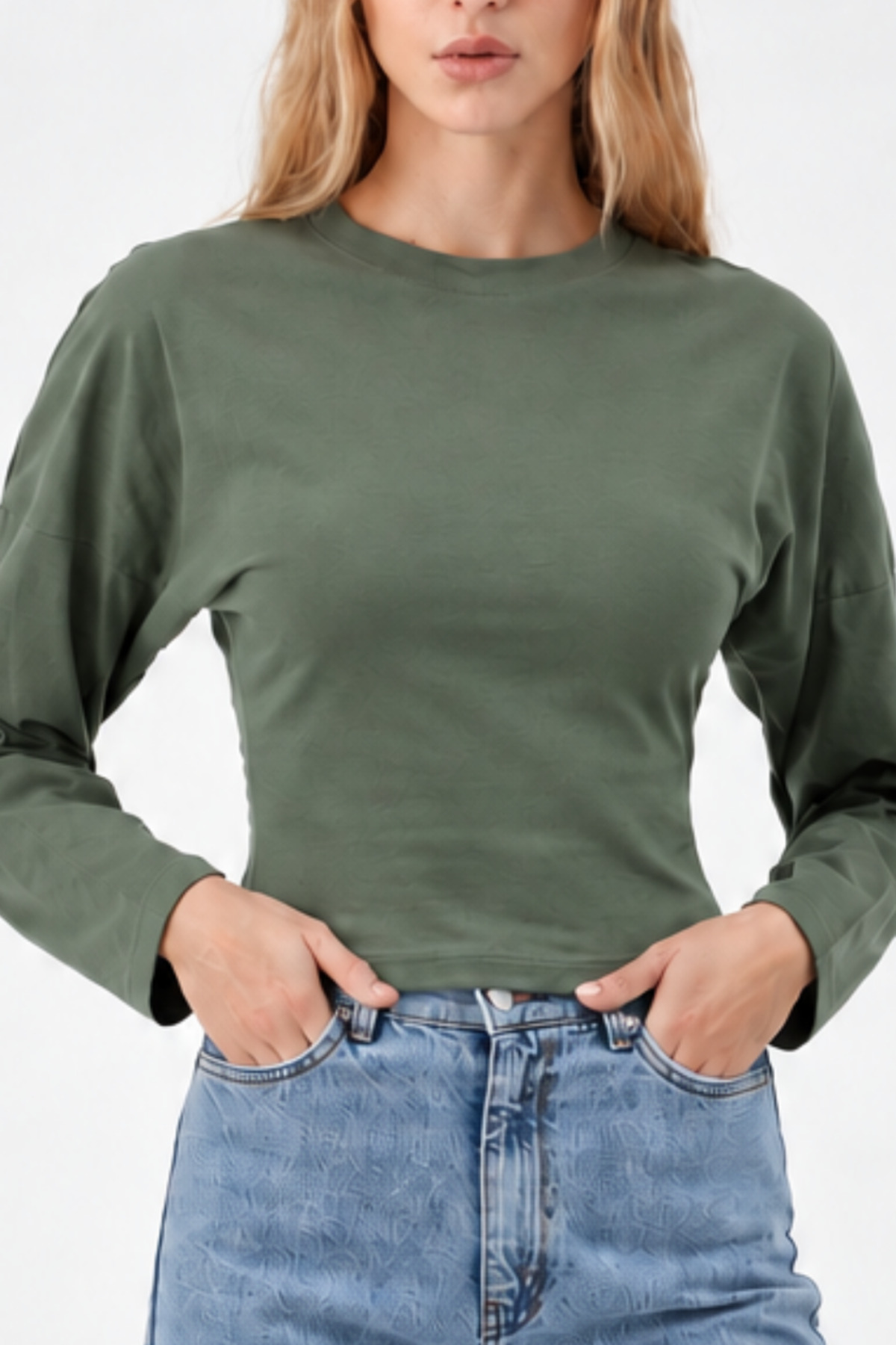 Haki Bisiklet Yaka Uzun Kollu Crop Bluz 5