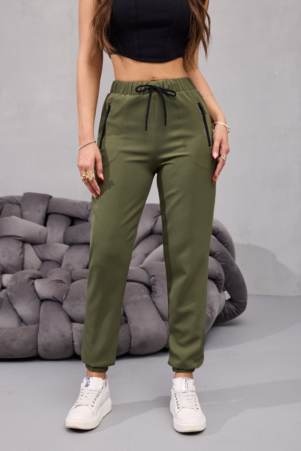 Kadın Yüksek Bel Likralı Rahat Kumaş Jogger Beli Lastikli Pantolon HAKİ 3