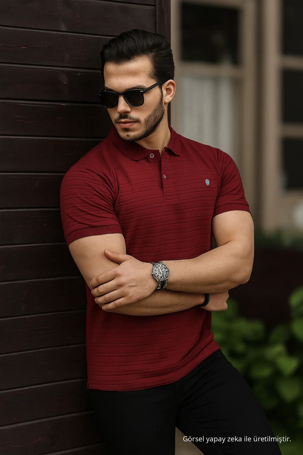 Erkek %100 Pamuklu Kumaş Slim Fit Kesim Bordo Polo Yaka T-shirt 4