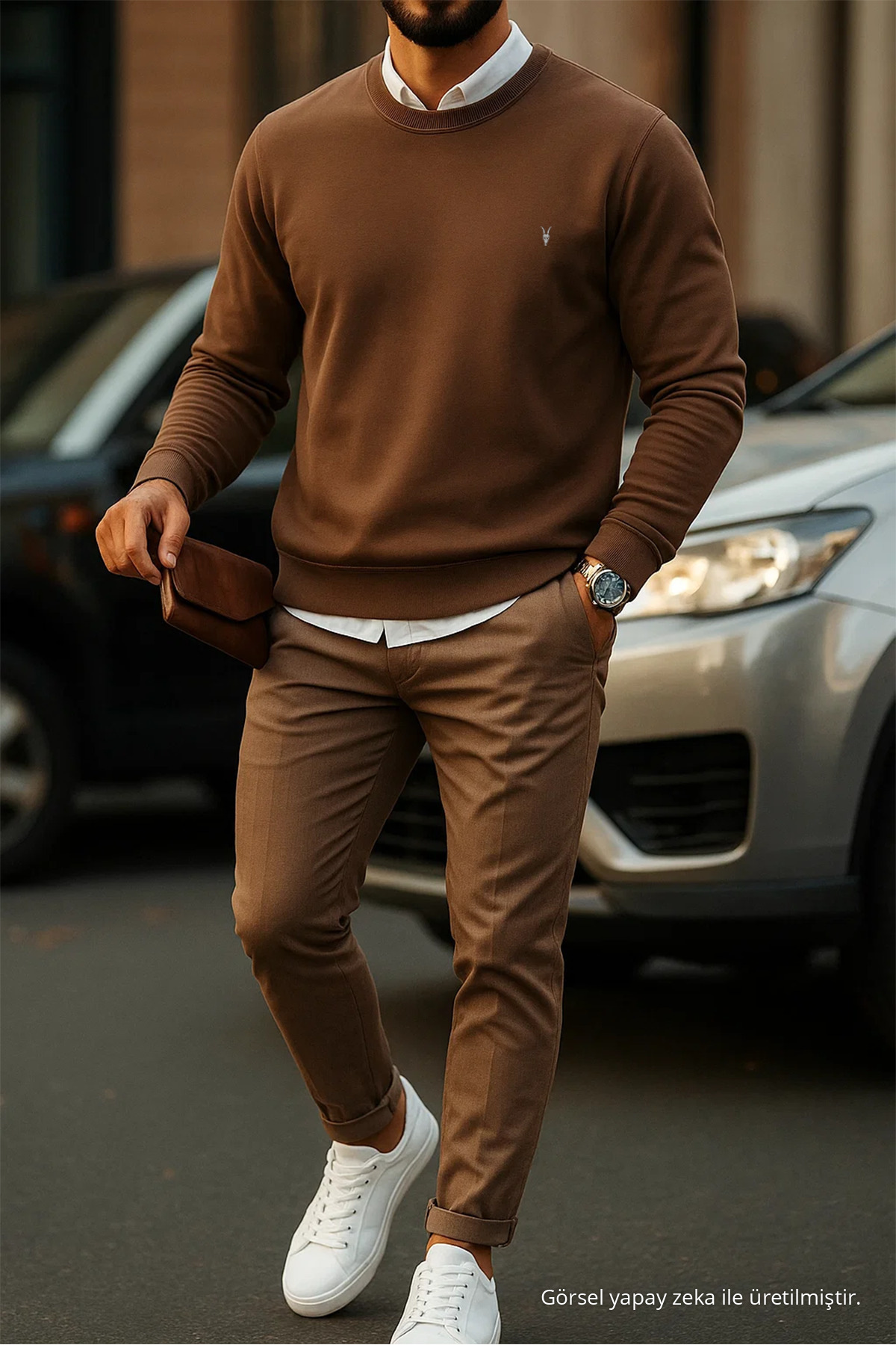 Erkek Basic Bisiklet Yaka KAHVERENGİ Sweatshirt 3