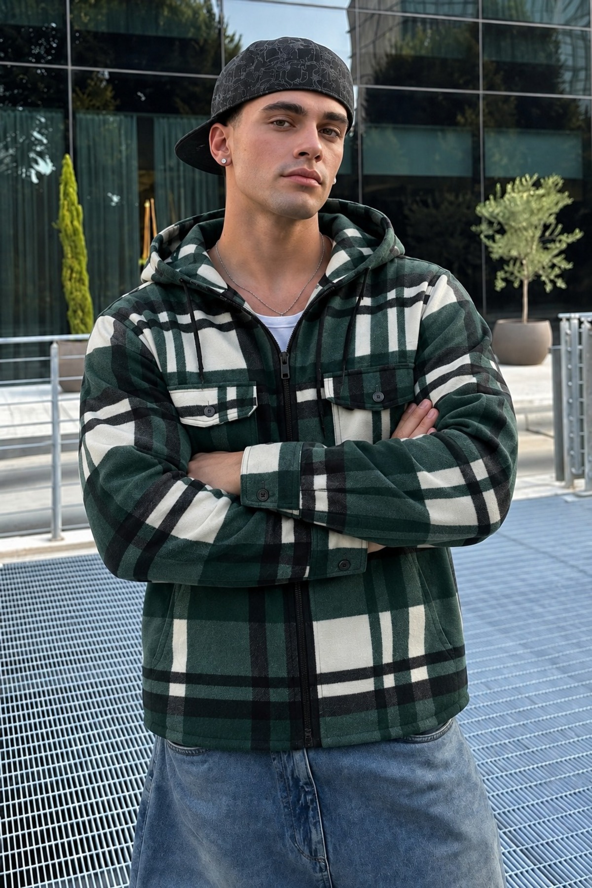 Erkek Ekose Kapüşonlu Casual Fermuarlı Yeşil Oduncu Ceket 5