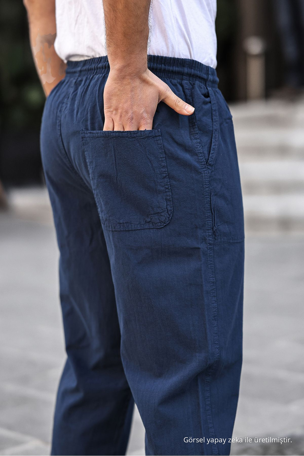 Lacivert Renk Erkek Yazlık Keten Karışımı Relaxed Pantolon - LACİVERT 6