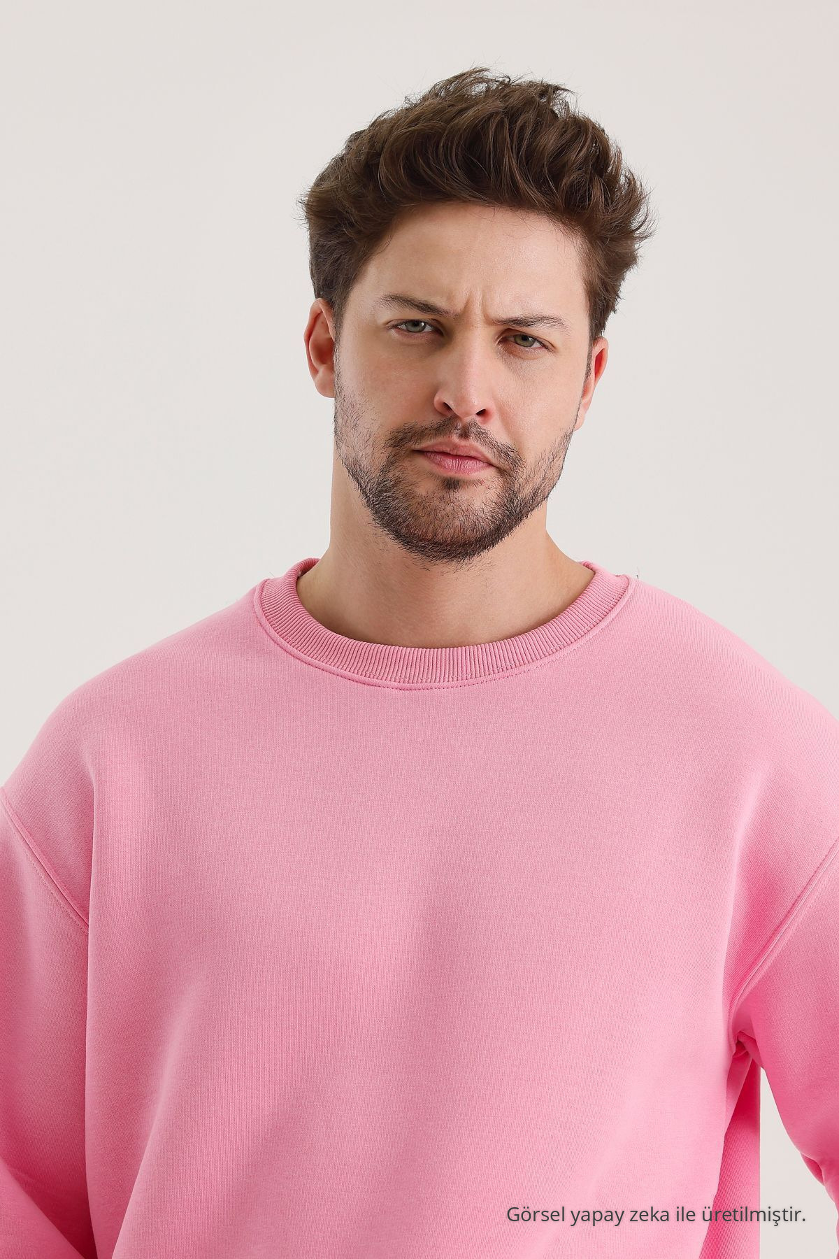 Pembe Bisiklet Yaka Oversize Şardonlu Basic Erkek Sweatshirt 6