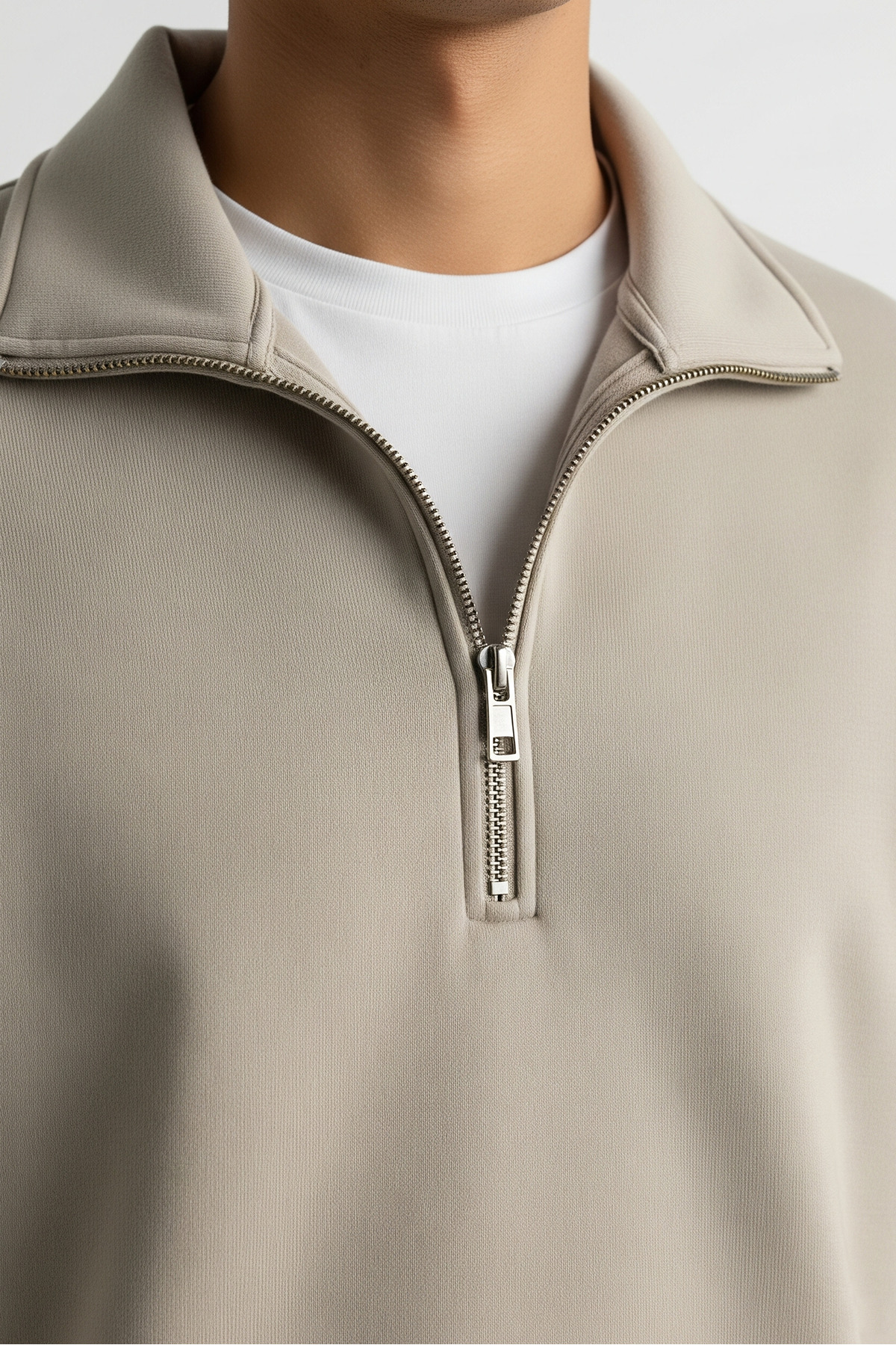 Erkek Yarım Fermuarlı Salaş Krem Sweatshirt 4