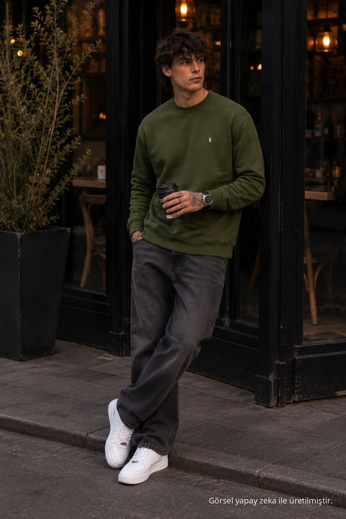 Örme Kışlık Günlük HAKİ Erkek Sweatshirt 5