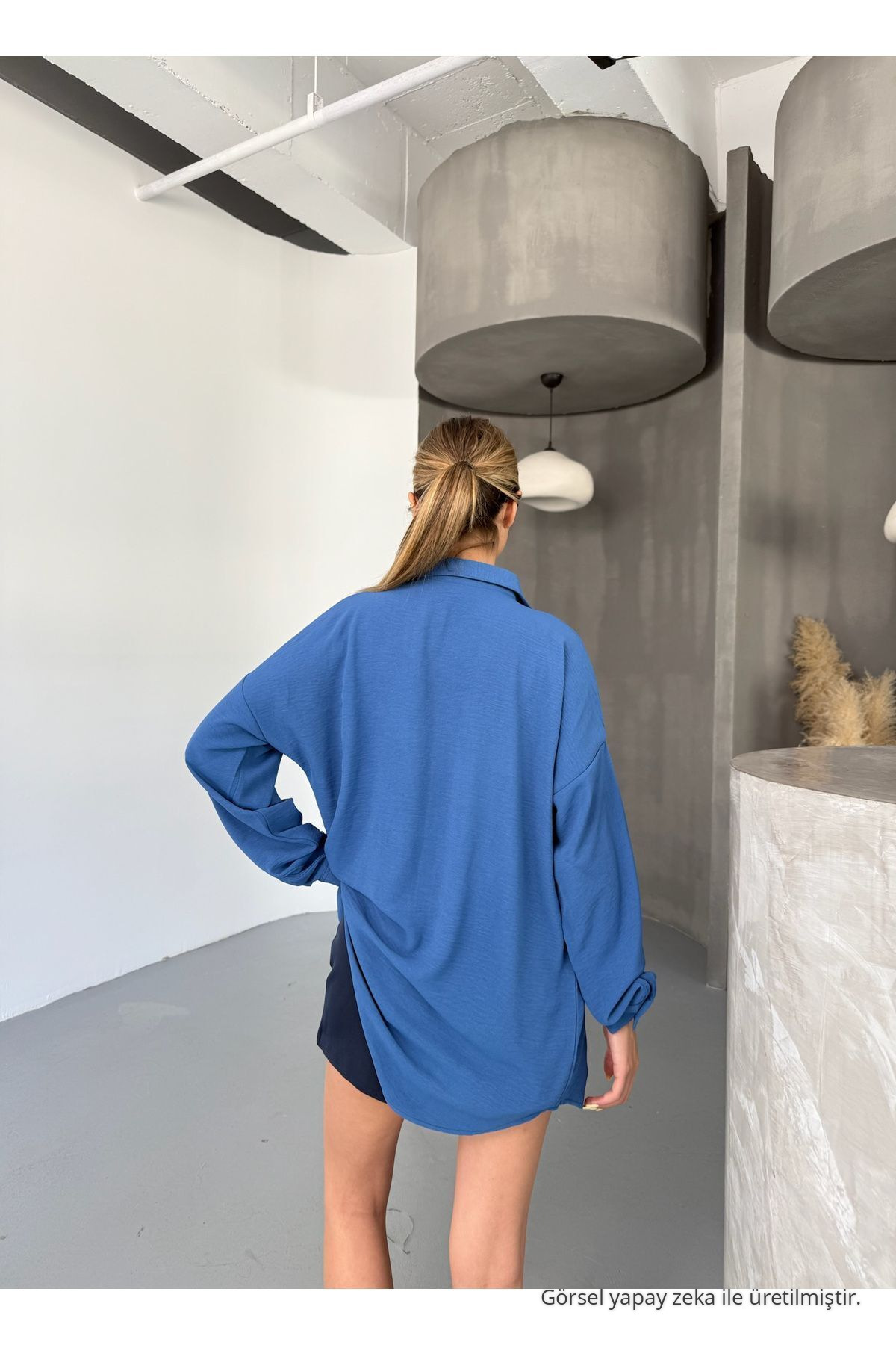 Kadın İNDİGO Oversize Keten Ayrobin Gömlek 7