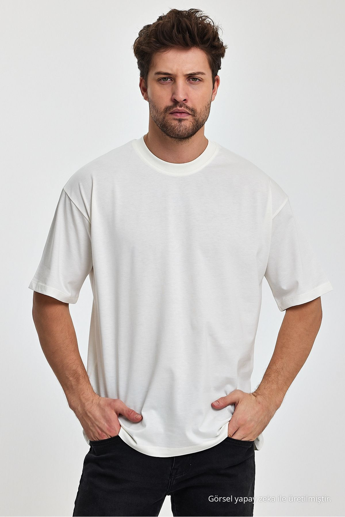 Erkek Oversize Fit Kalın Kumaş Dokulu Bisiklet Yaka T-shirt EKRU 4