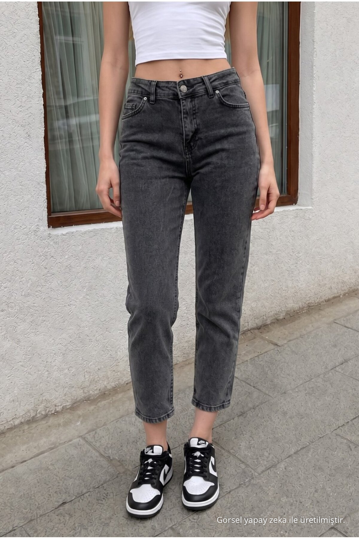 Kadın Yüksek Bel Esnek Denim Kumaş Mom Fit Jean Füme 3