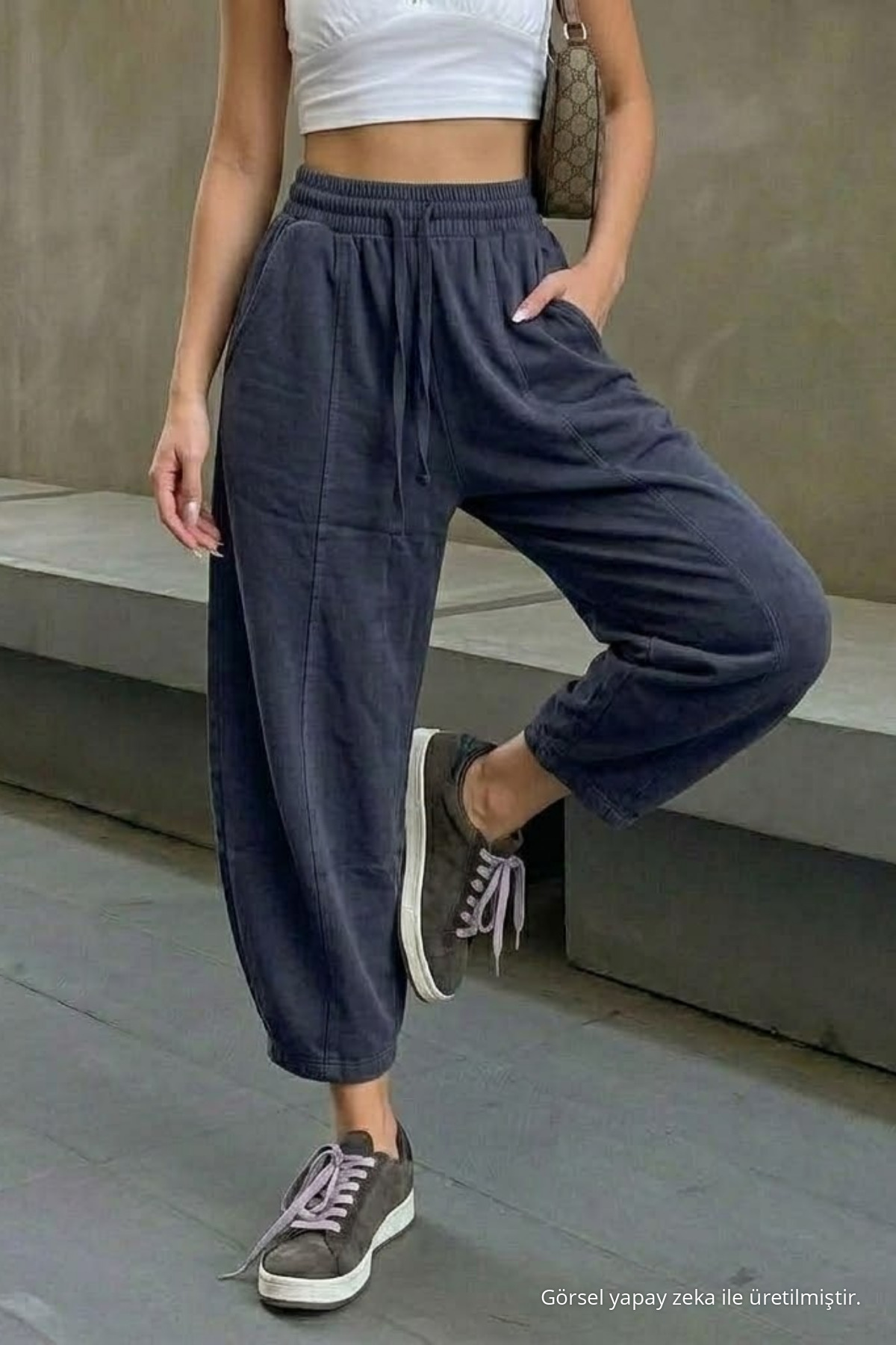 Kadın Beli Lastikli Füme Şalvar Pantolon 3