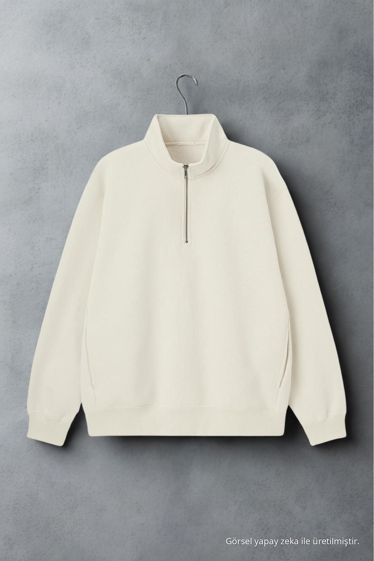 Erkek Dik Yaka Fermuarlı Sweatshirt Bej 3