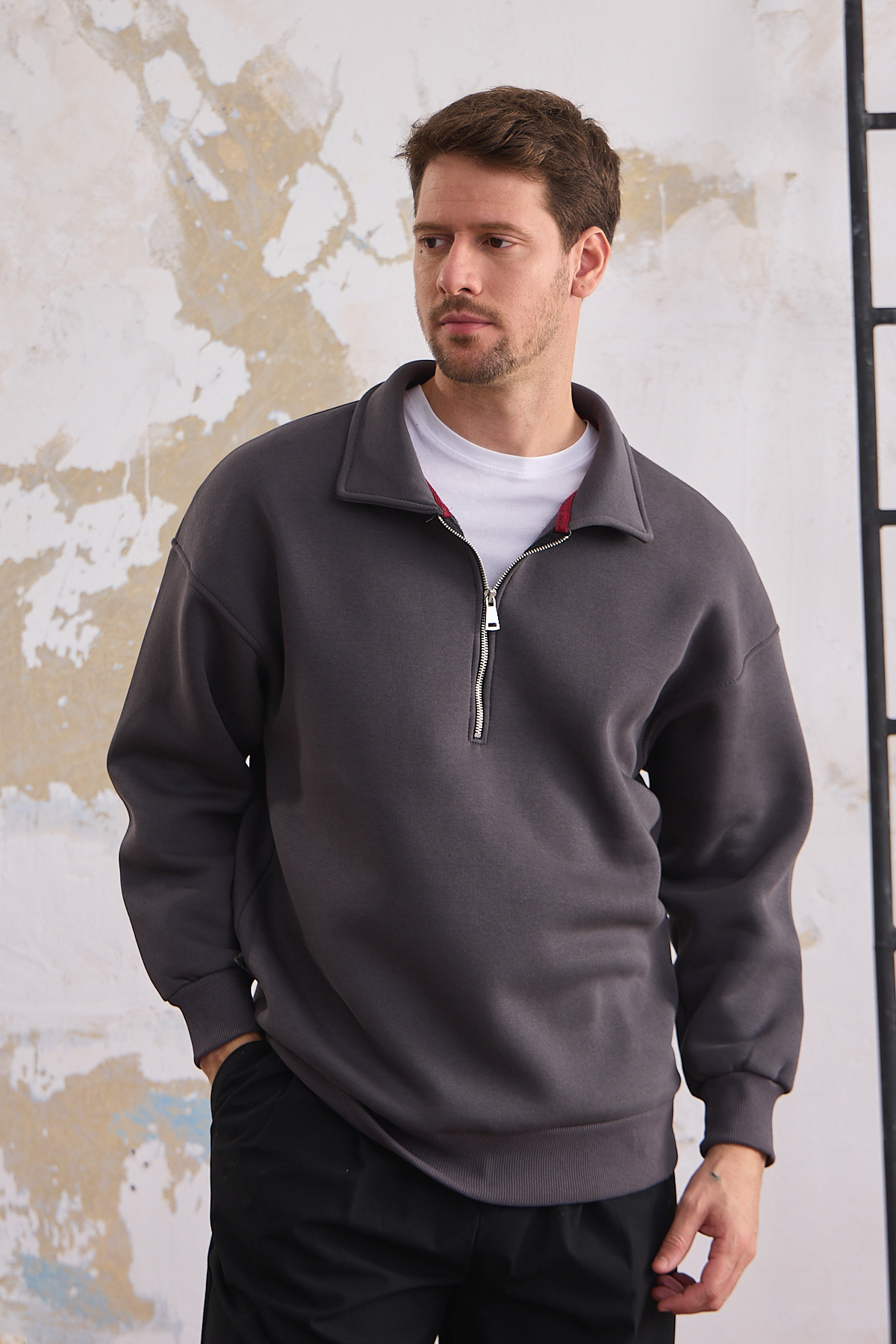 Erkek Yarım Fermuar Rahat Sweatshirt FÜME 6