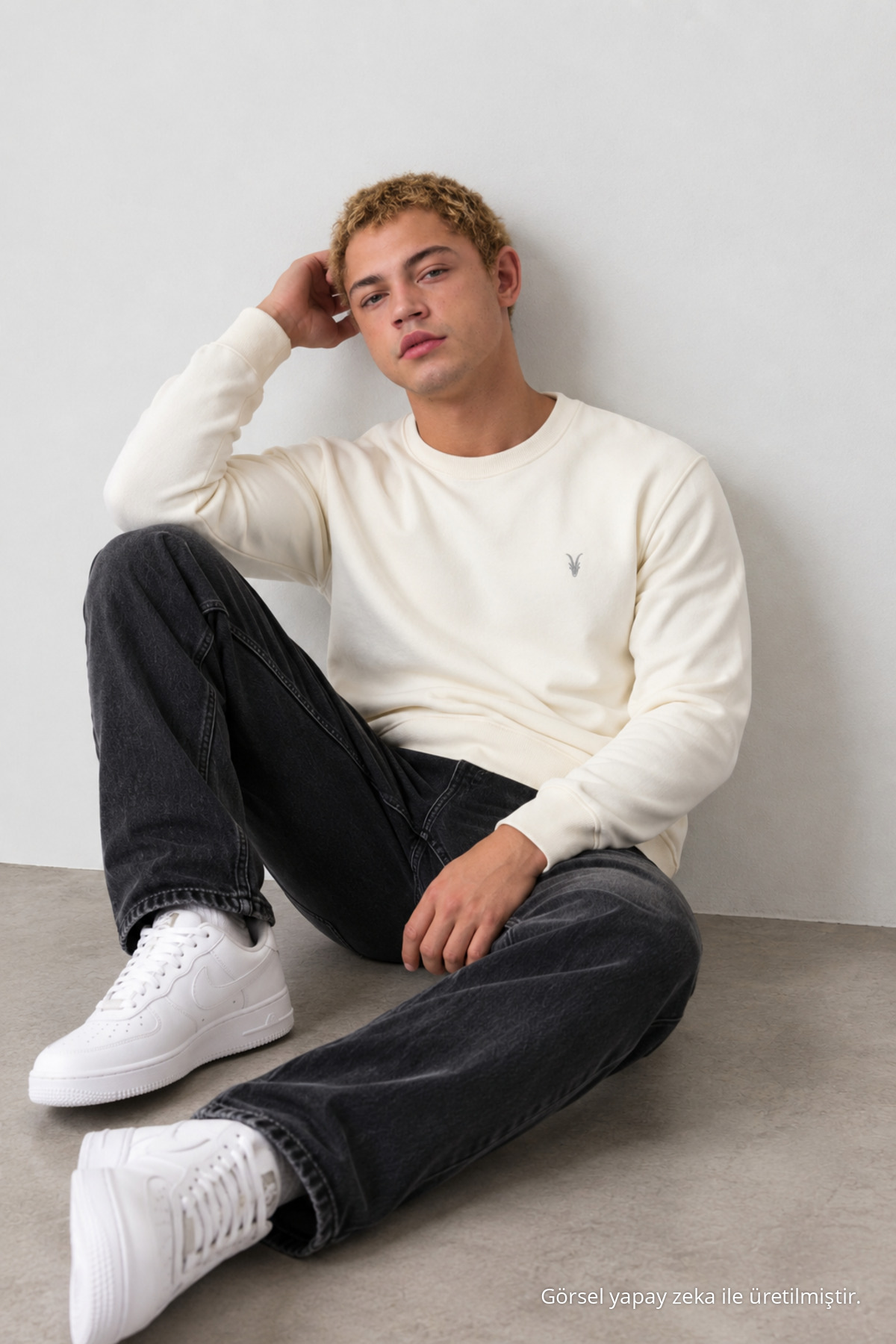 Ekru Oversize Pamuklu Erkek Sweatshirt 3