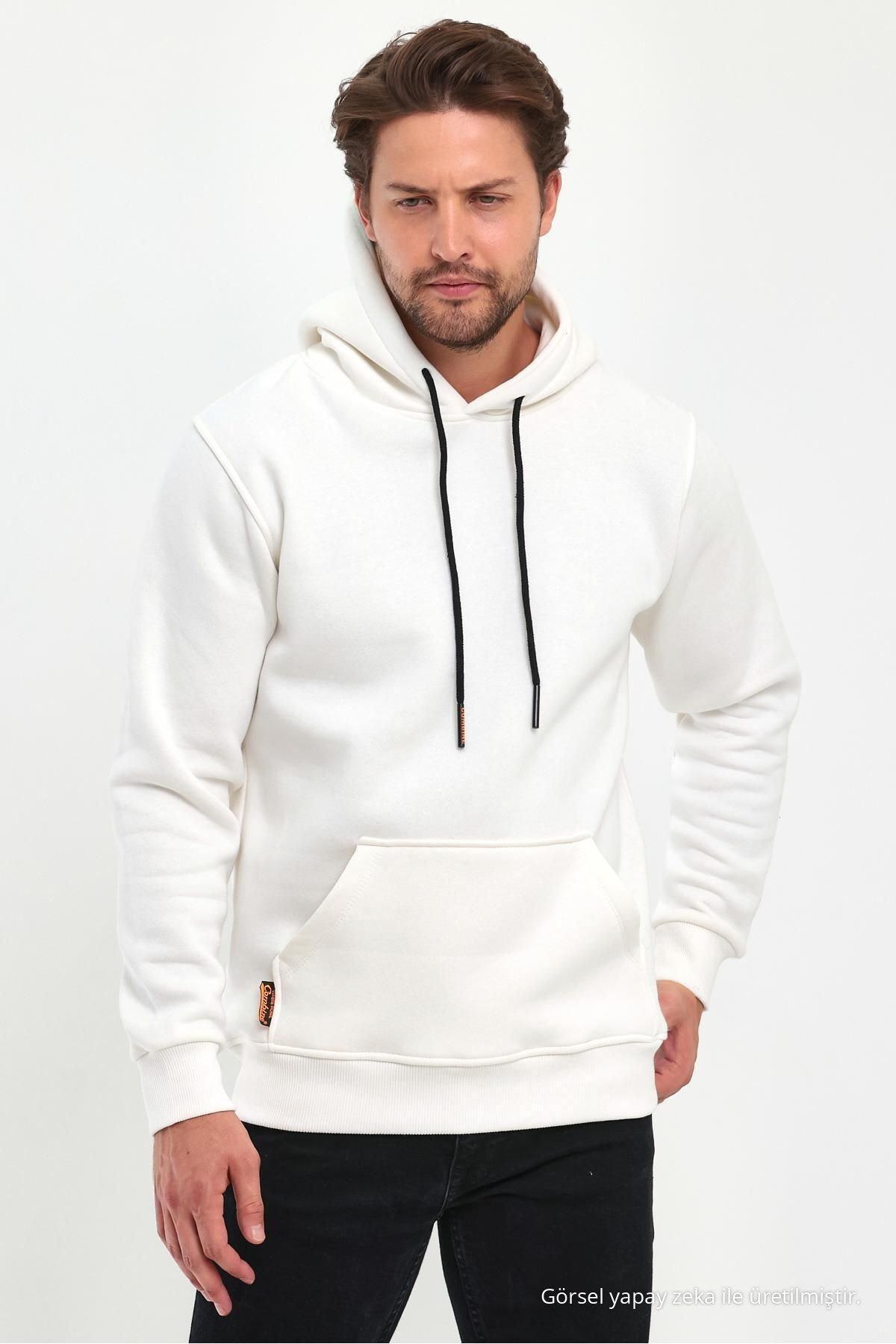 Erkek Beyaz Standart Fit Normal Kesim İçi Polarlı Kapüşonlu Kanguru Cepli Pamuklu Sweatshirt 5