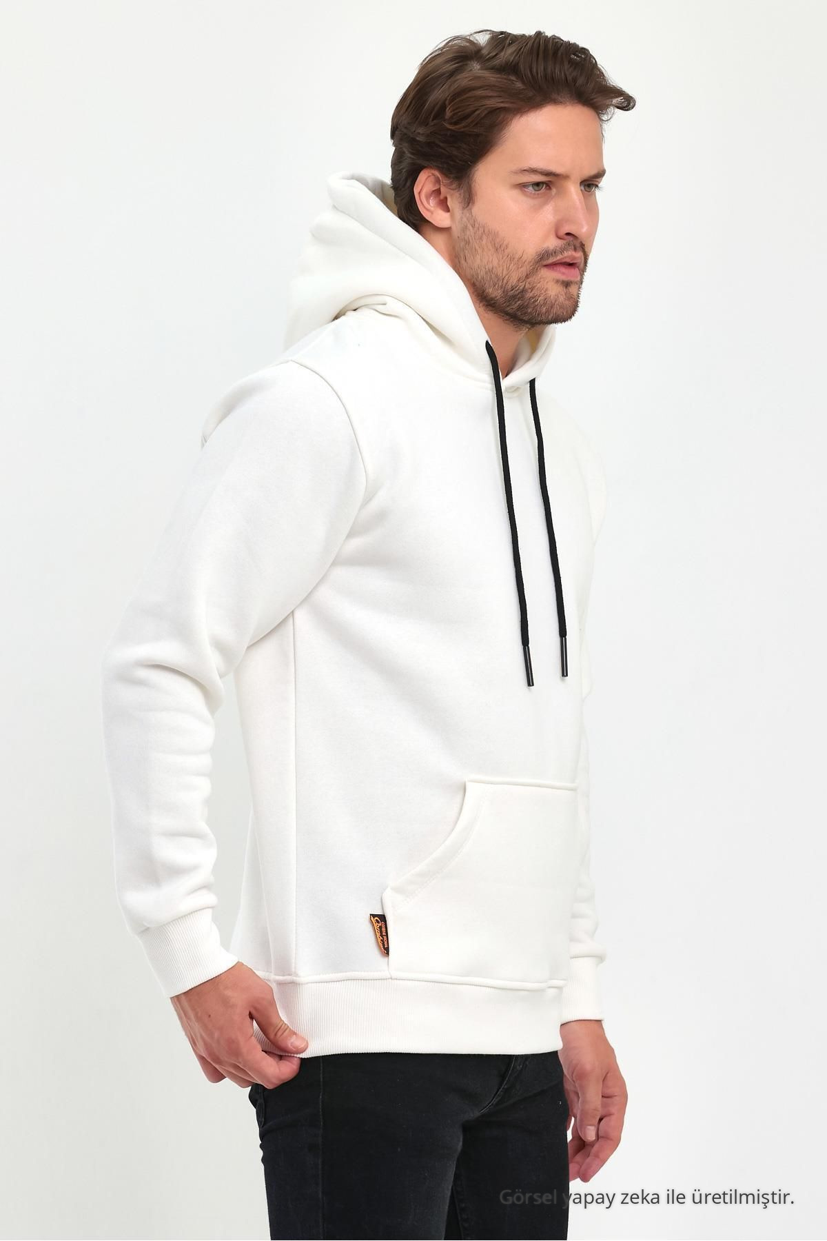 Erkek Beyaz Standart Fit Normal Kesim İçi Polarlı Kapüşonlu Kanguru Cepli Pamuklu Sweatshirt 6