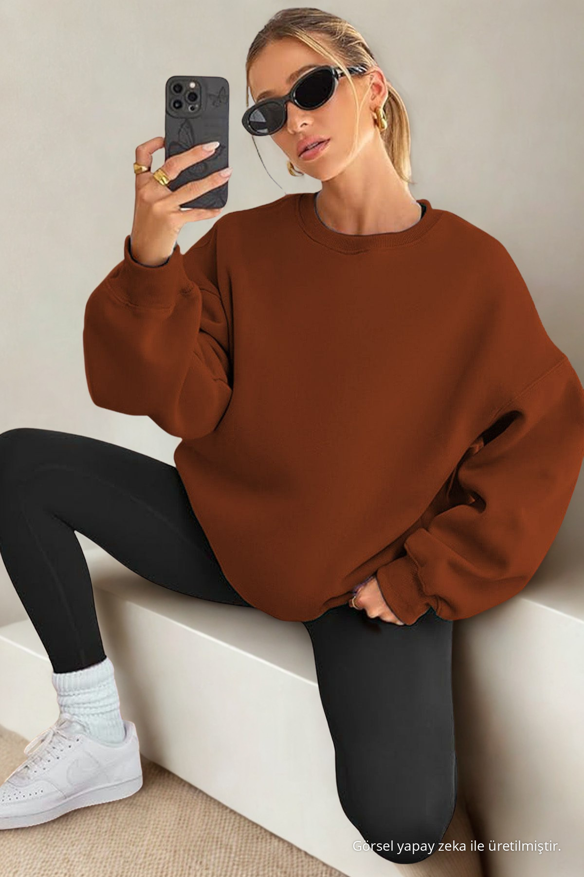 Kadın Bisiklet Yaka Basic Oversize Sweatshirt TARÇIN 6