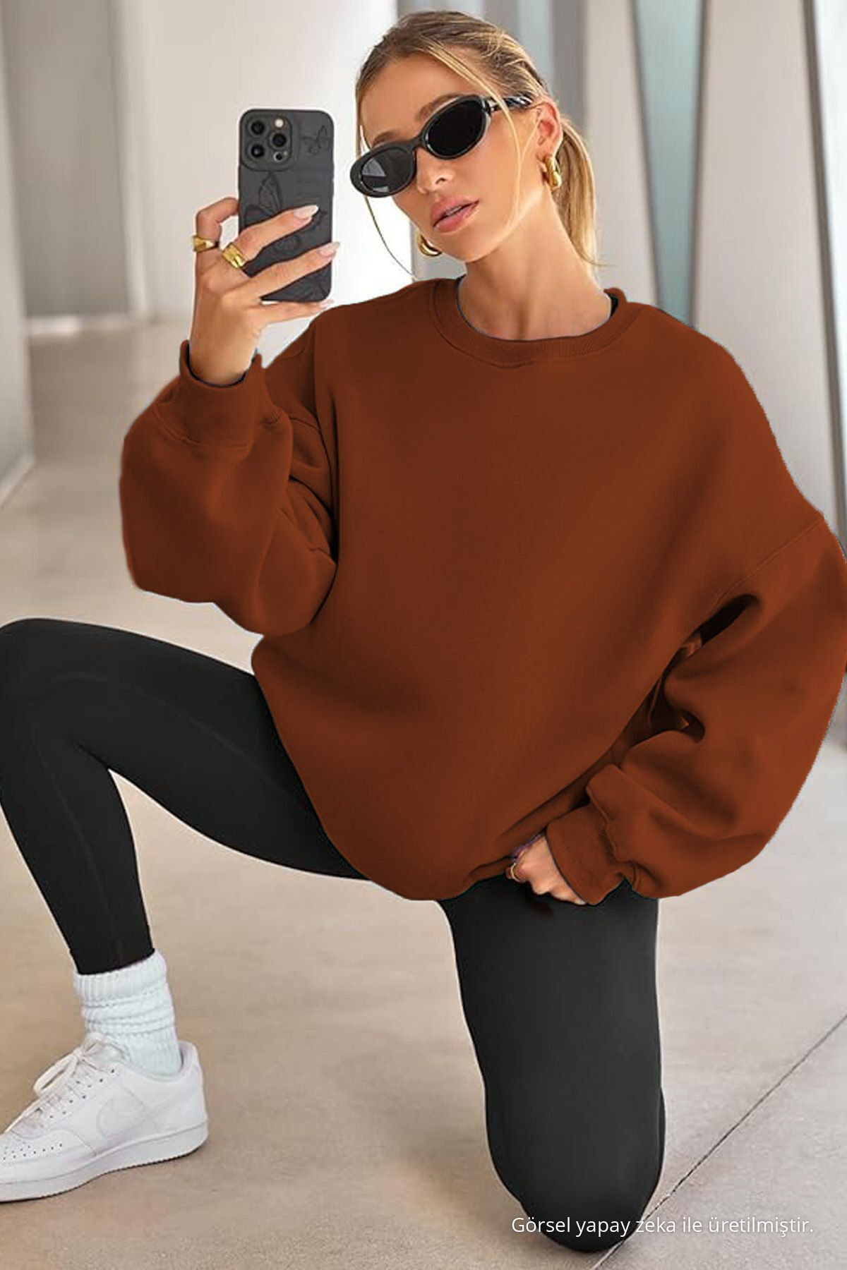 Kadın Bisiklet Yaka Basic Oversize Sweatshirt TARÇIN 4