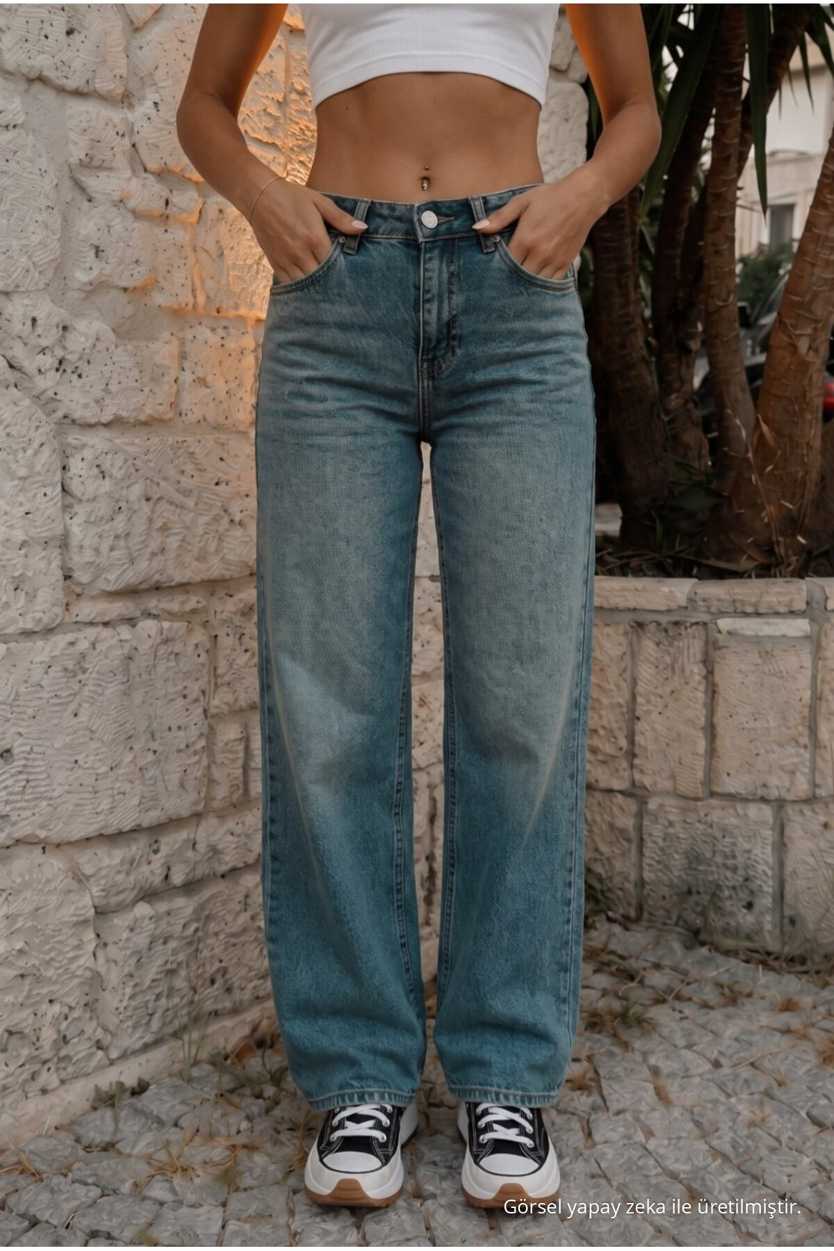 Kadın Vintage Efektli Yüksek Bel Esnek Wide Leg Jeans KOYU MAVİ 3
