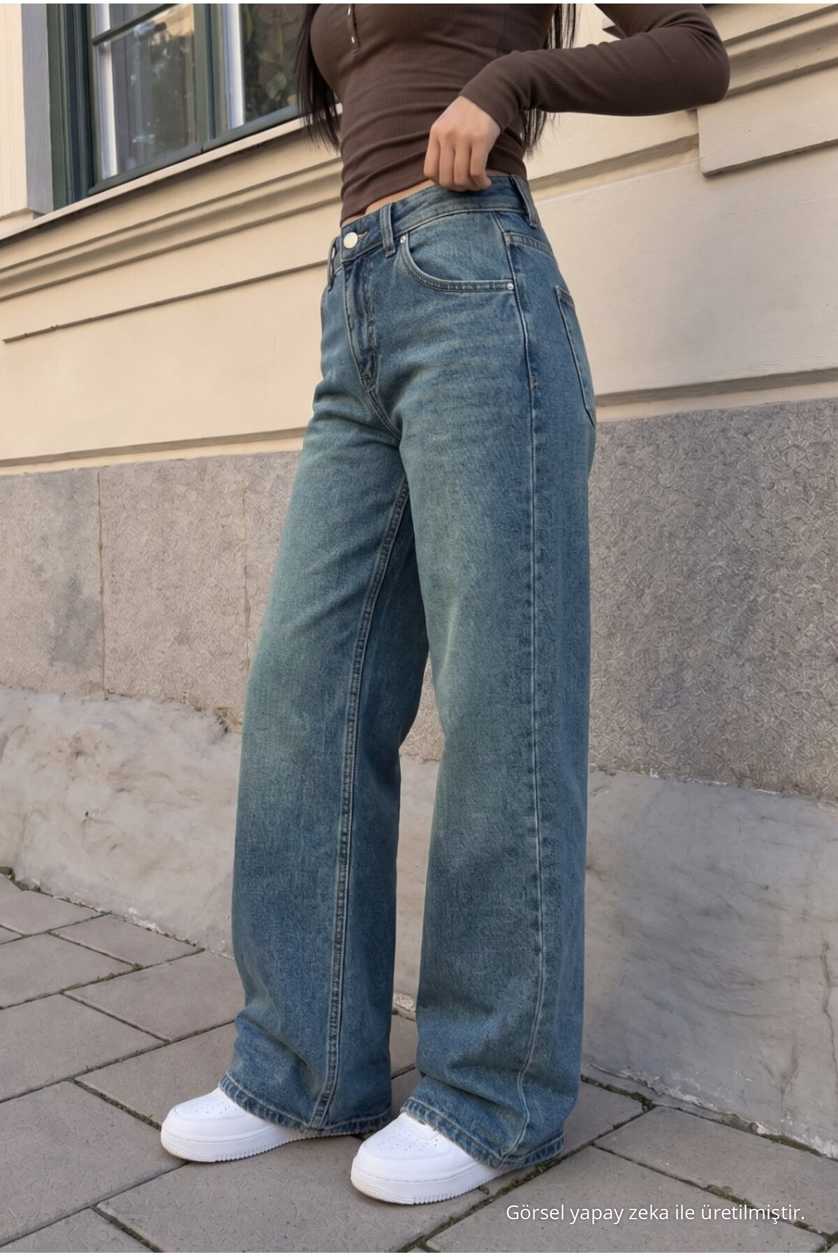 Kadın Bol Paça Jean Pantolon High Waist KOYU MAVİ 3