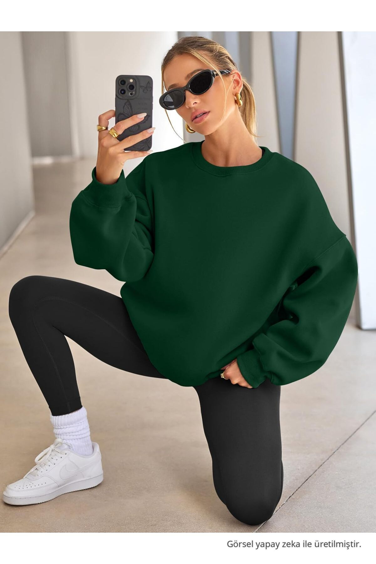 Kadın Bisiklet Yaka Basic Oversize Sweatshirt KOYU YEŞİL 3
