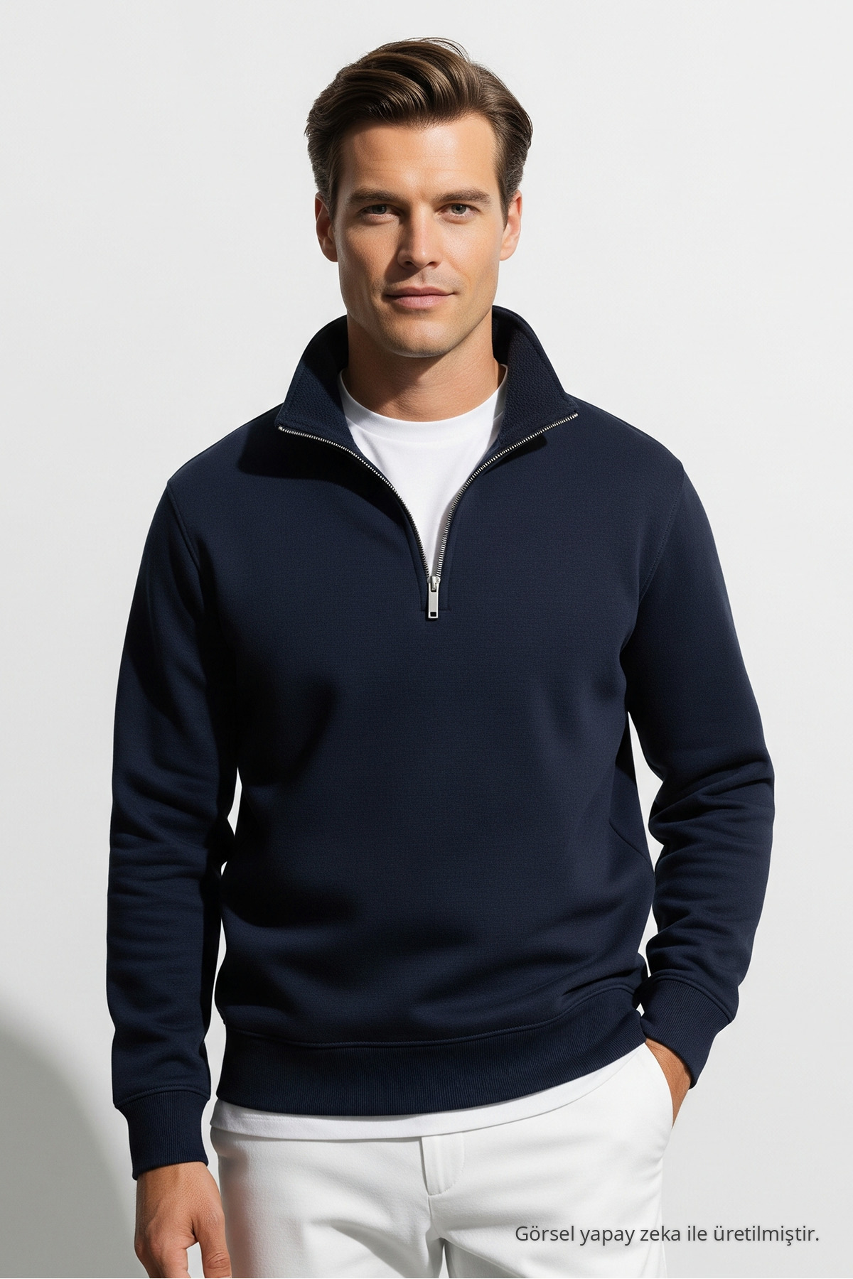 Erkek Kışlık Yarım Fermuarlı 3 Lü Sweatshirt BEYAZ 3