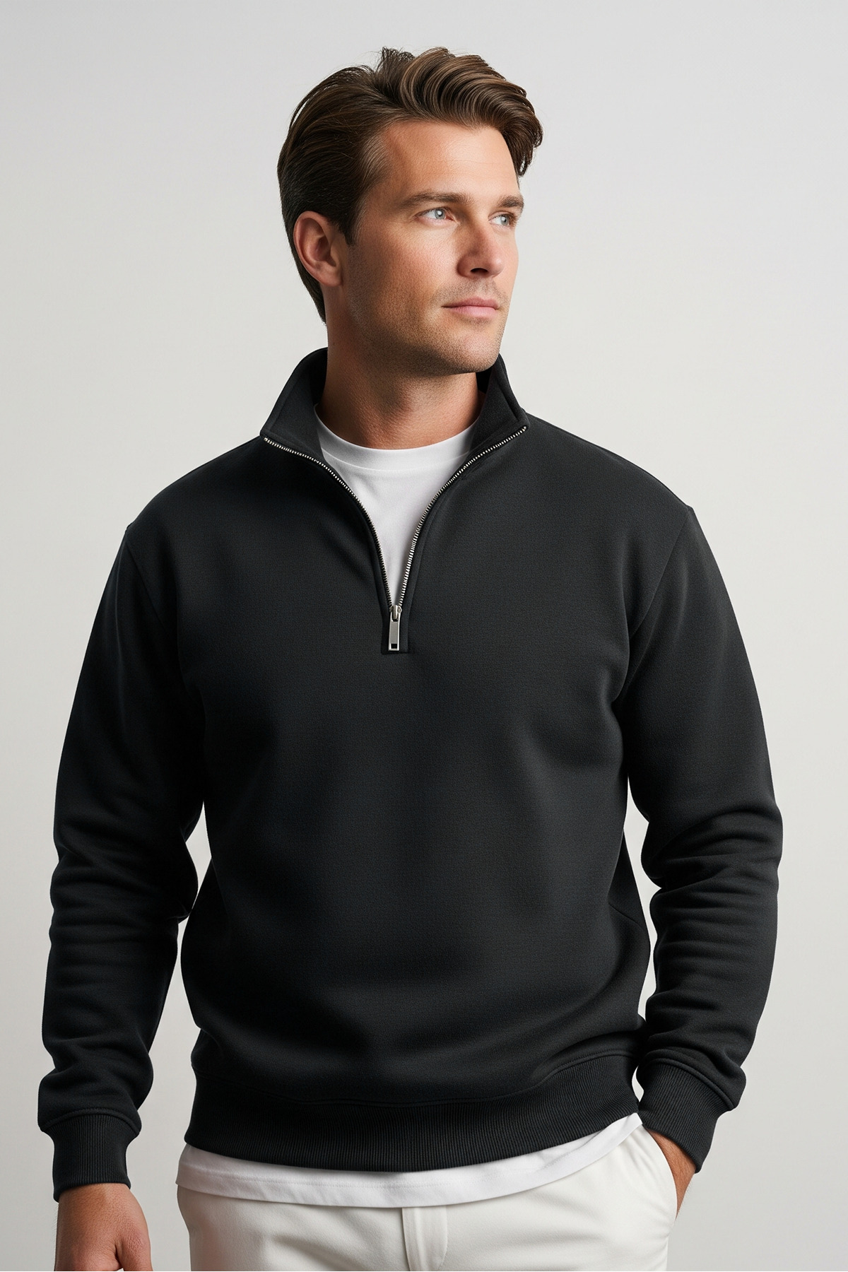 Erkek Yarım Fermuarlı Salaş Siyah Sweatshirt 4