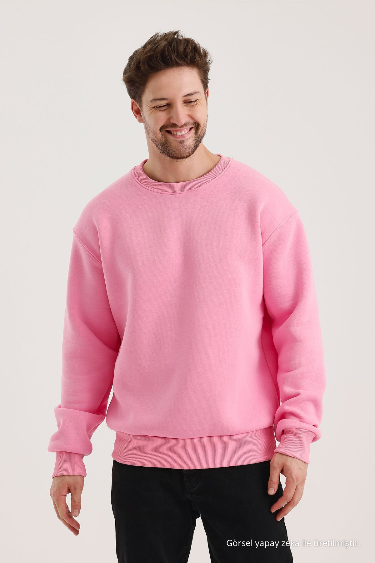 Pembe Bisiklet Yaka Oversize Şardonlu Basic Erkek Sweatshirt 5