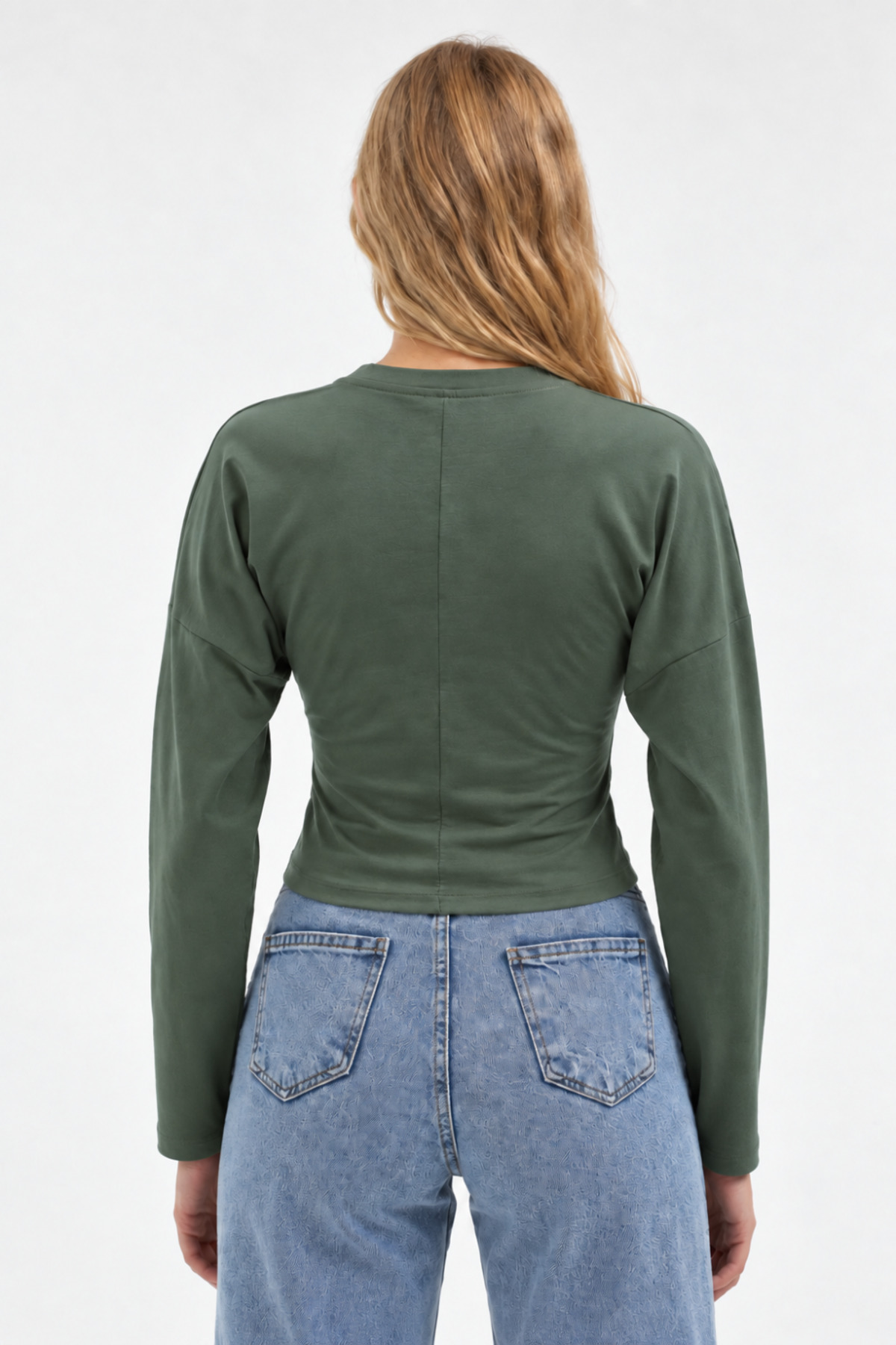 Haki Bisiklet Yaka Uzun Kollu Crop Bluz 3