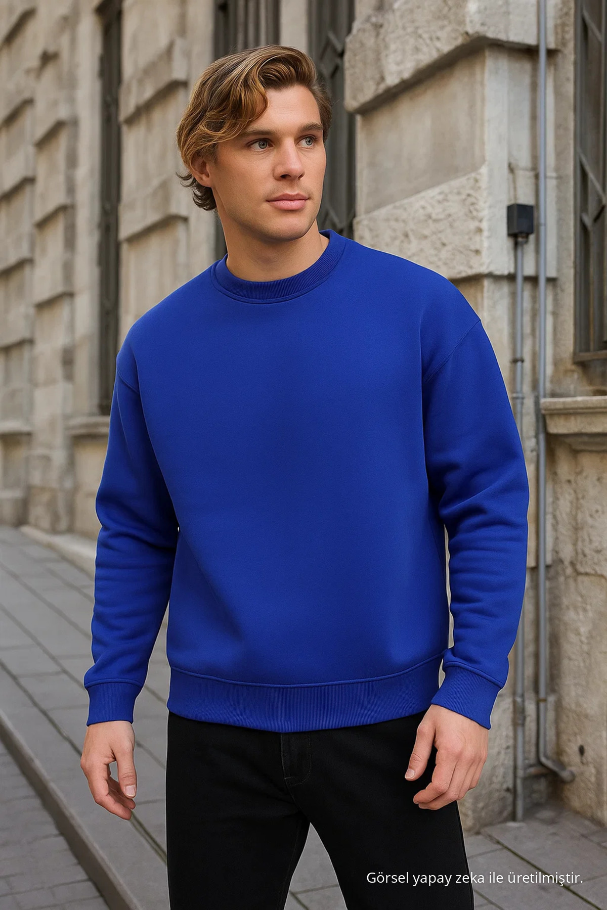 Erkek Bisiklet Yaka Salaş MAVİ Sweatshirt 3