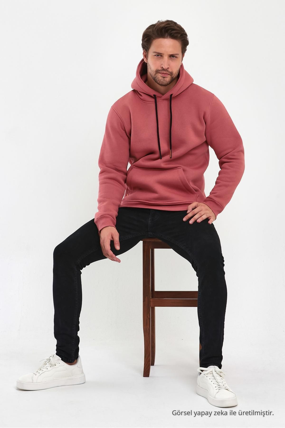Erkek Gül Renk Standart Fit Normal Kesim İçi Polarlı Kapüşonlu Kanguru Cepli Pamuklu Sweatshirt 4