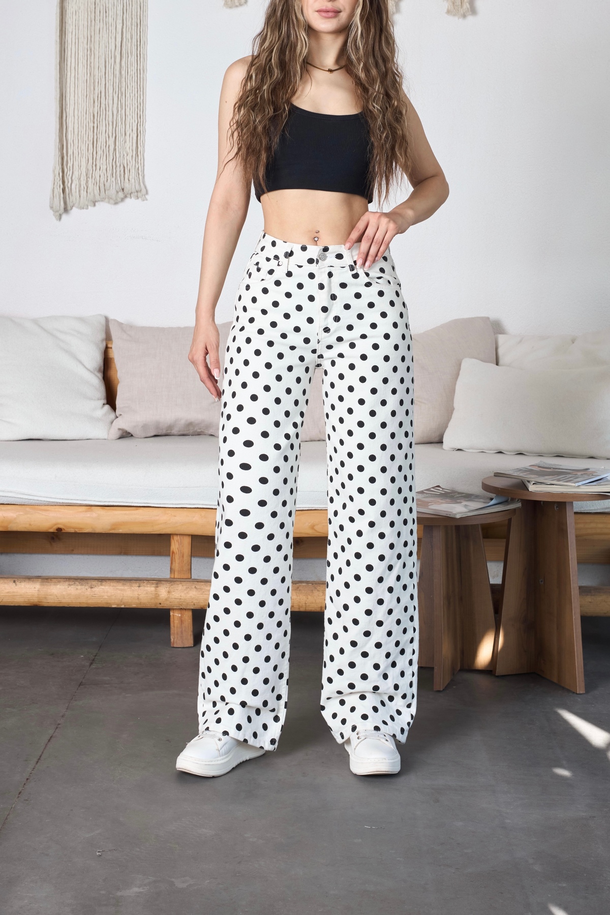 Puantiye Desenli Wide Leg Denim Pantolon Beyaz 5