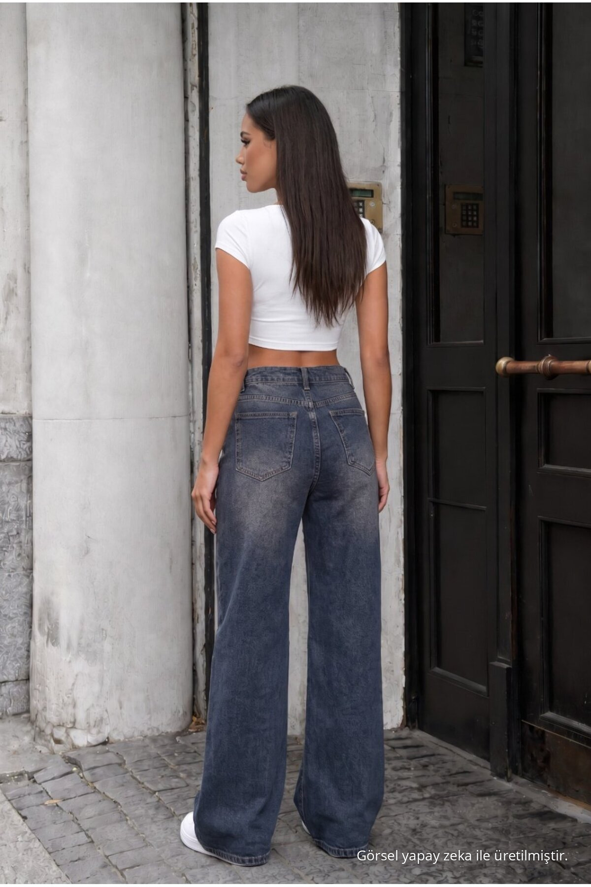Yüksek Bel Wide Leg Bol Paça Yıkamalı Jean Efektli Lacivert 6
