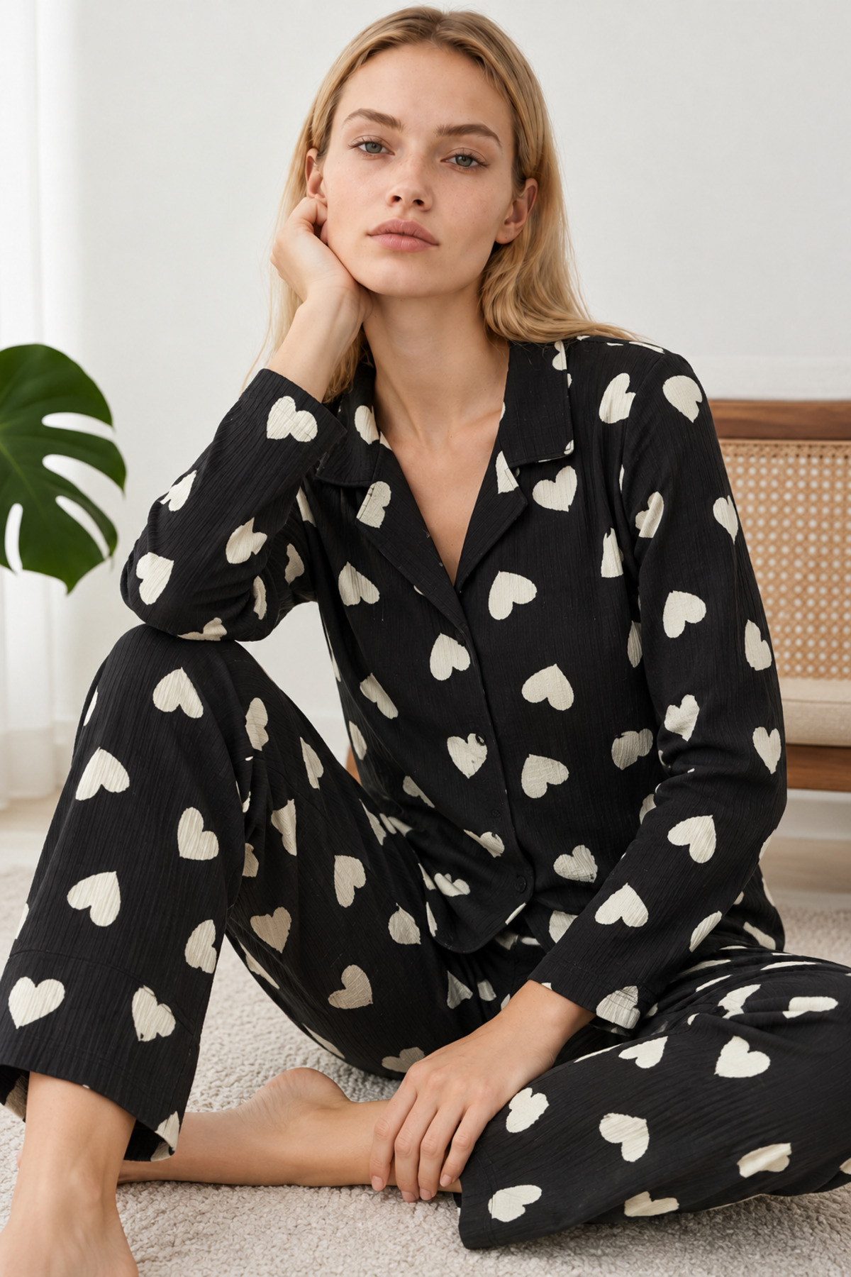 Kadın Kalpli Gömlek Yaka Siyah Pijama Takımı 4824 3
