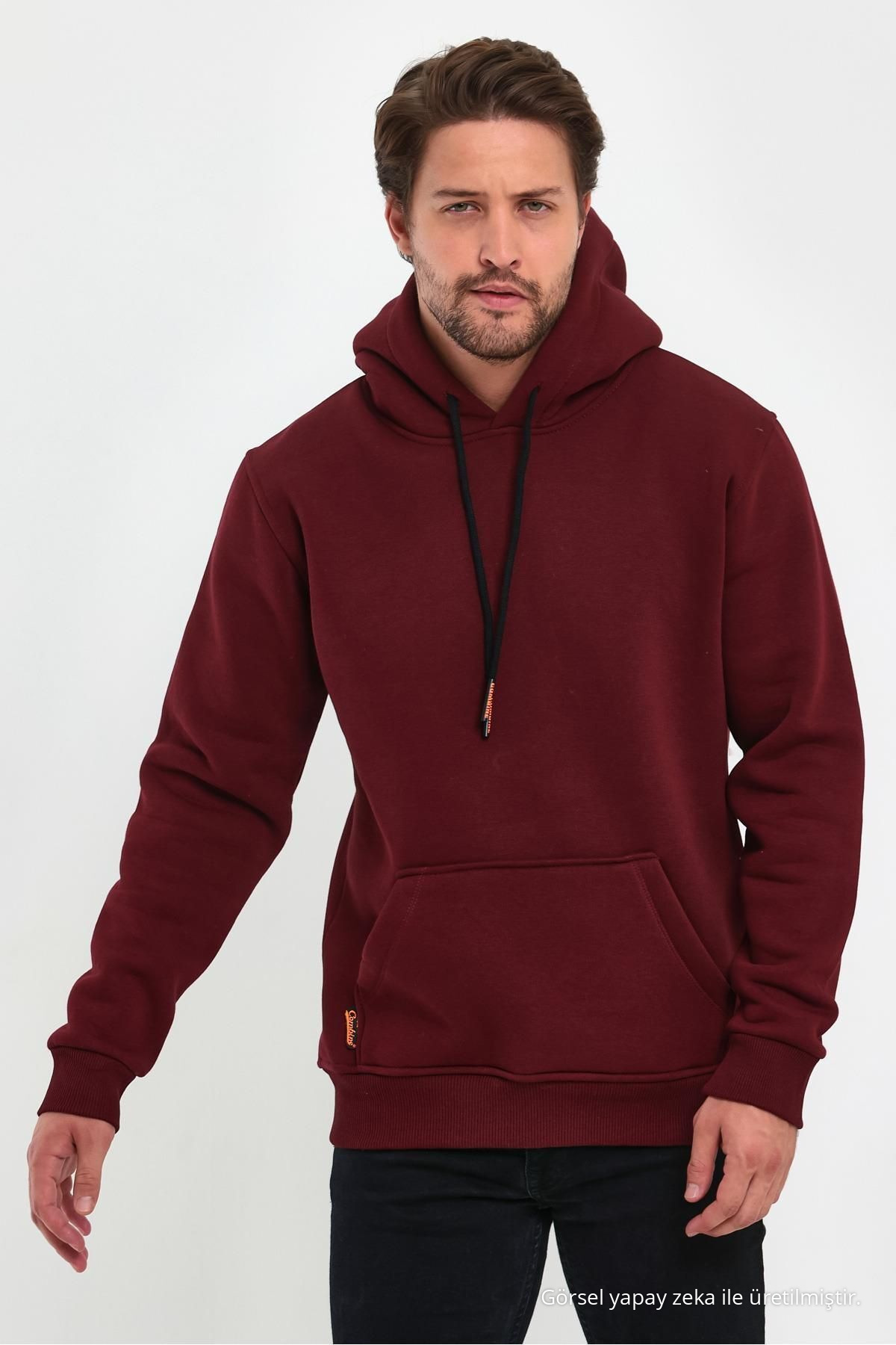 Erkek Bordo Standart Fit Normal Kesim İçi Polarlı Kapüşonlu Kanguru Cepli Pamuklu Sweatshirt 6