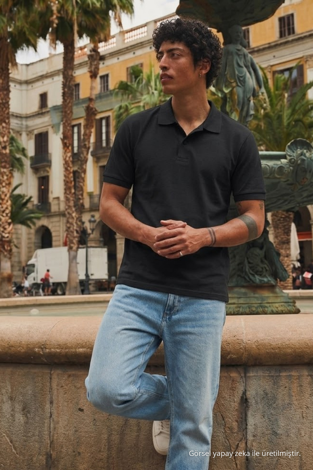 Erkek Sokak Stili Siyah Polo Yaka Tişört 4