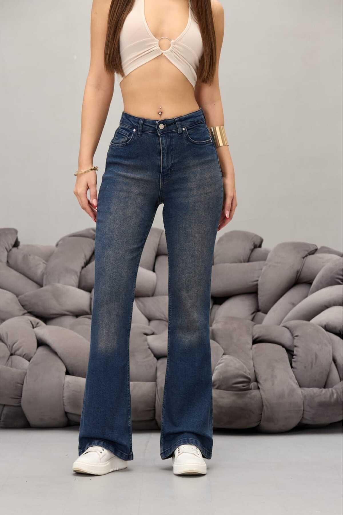 Kadın Yüksek Bel Esnek Ispanyol Paça Jeans koyu lacivert 4