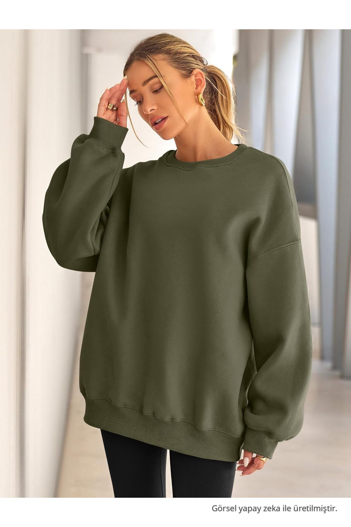 Kadın Bisiklet Yaka Basic Oversize Sweatshirt HAKİ 3