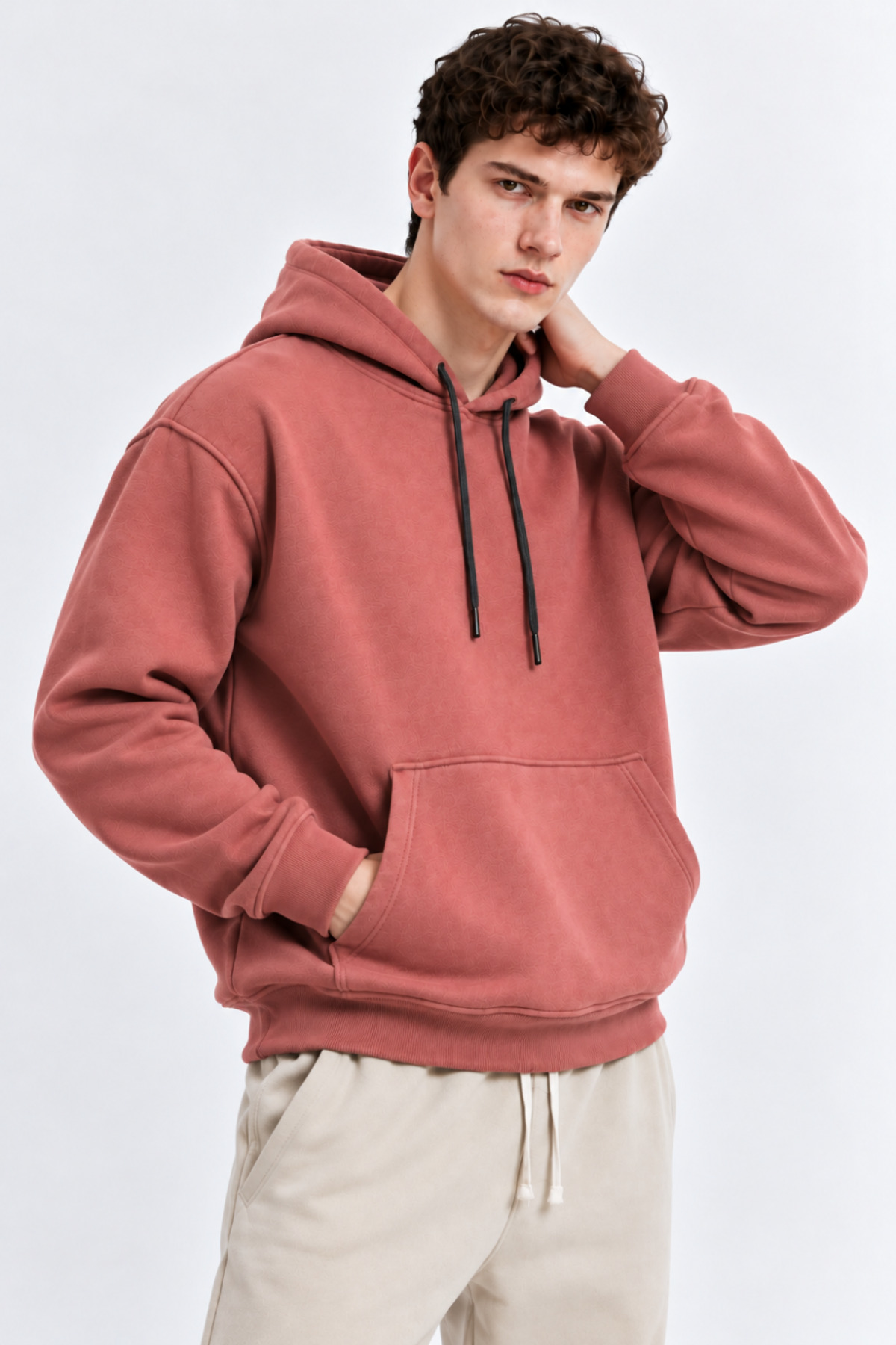 Erkek G.Kuru Kanguru Cep Kapşonlu Sweatshirt GÜL KURUSU 5
