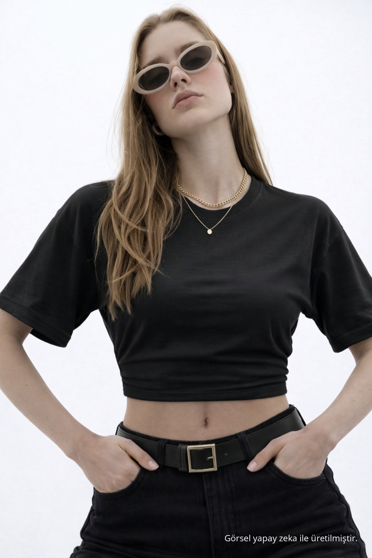 Kadın Basic Bel Detaylı Siyah Crop Bluz 4