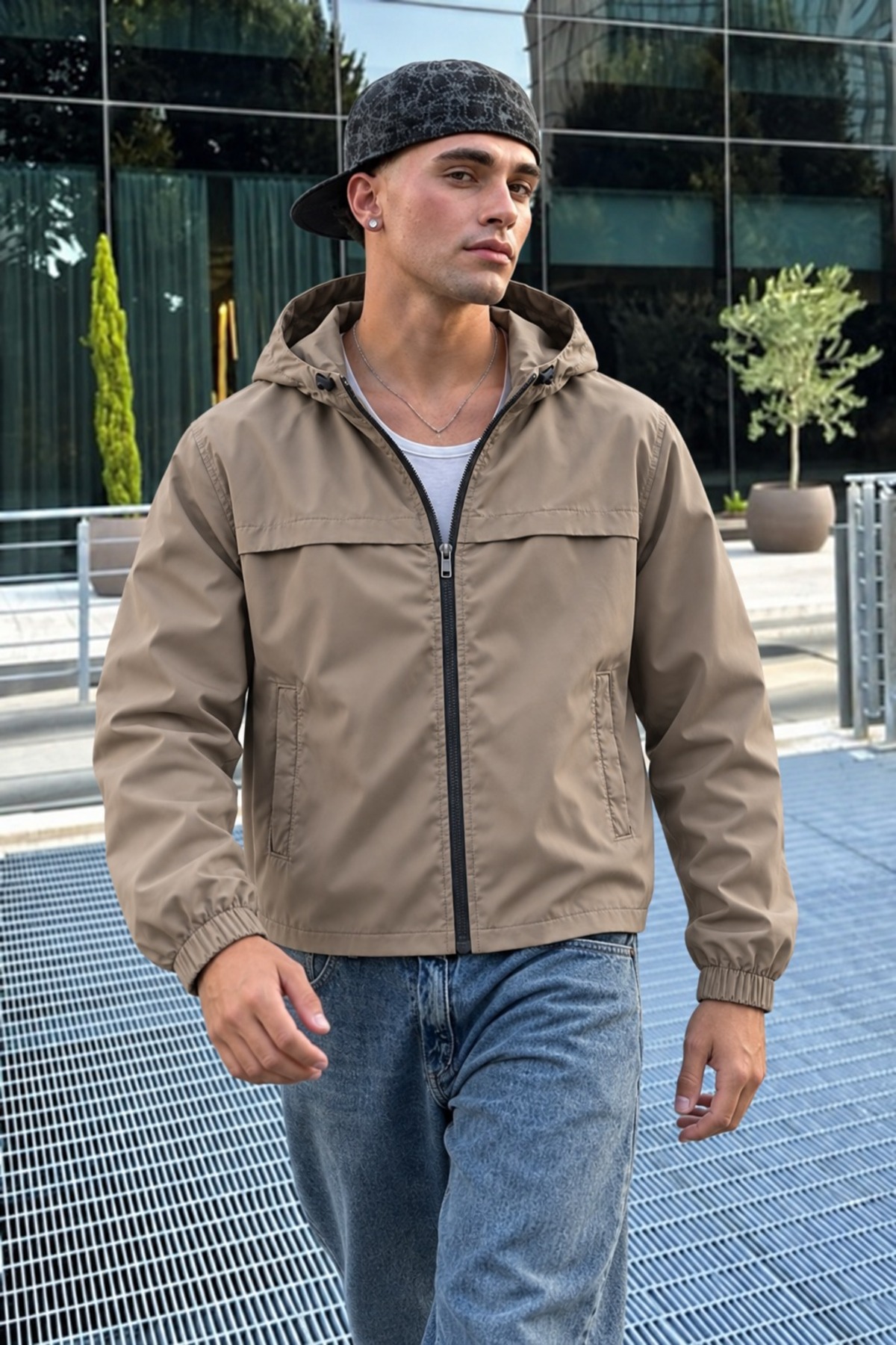 Erkek Kapüşonlu Su Geçirmez Casual Bej Yağmurluk 6