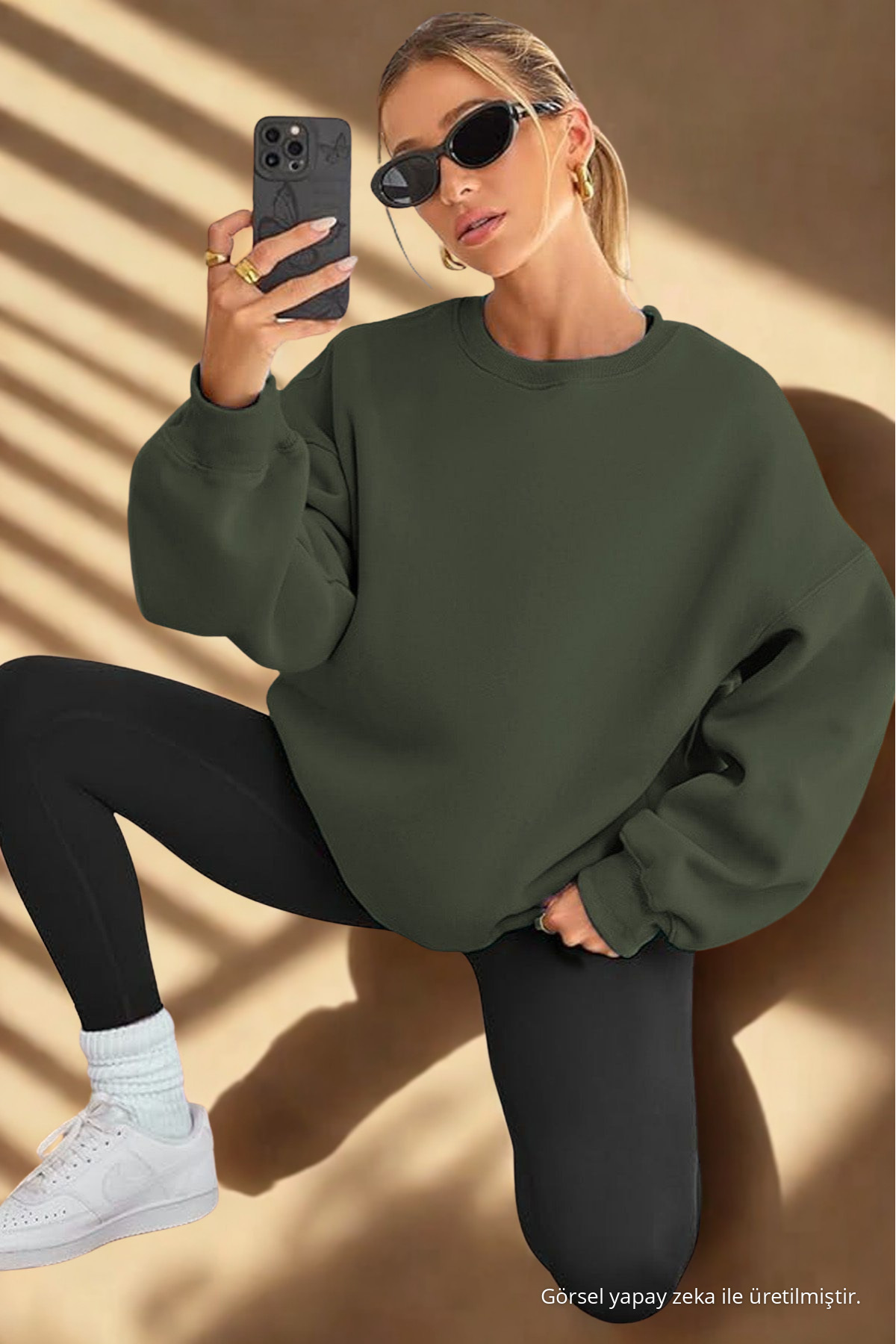 Kadın Bisiklet Yaka Basic Oversize Sweatshirt KOYU ÇAĞLA 6